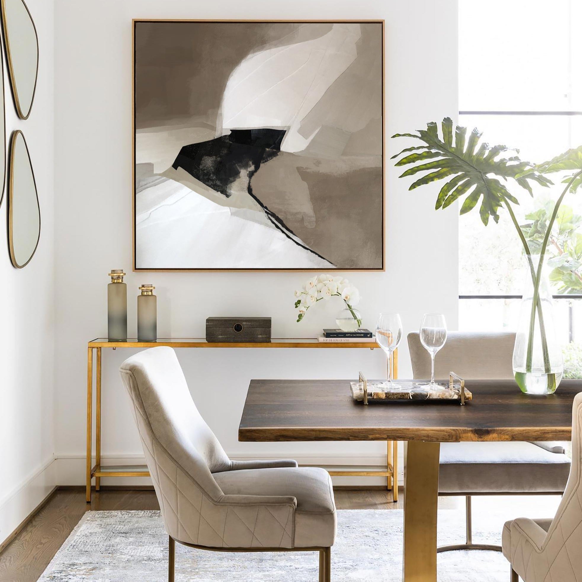Abstract Black Beige White Flowing Shape Painting