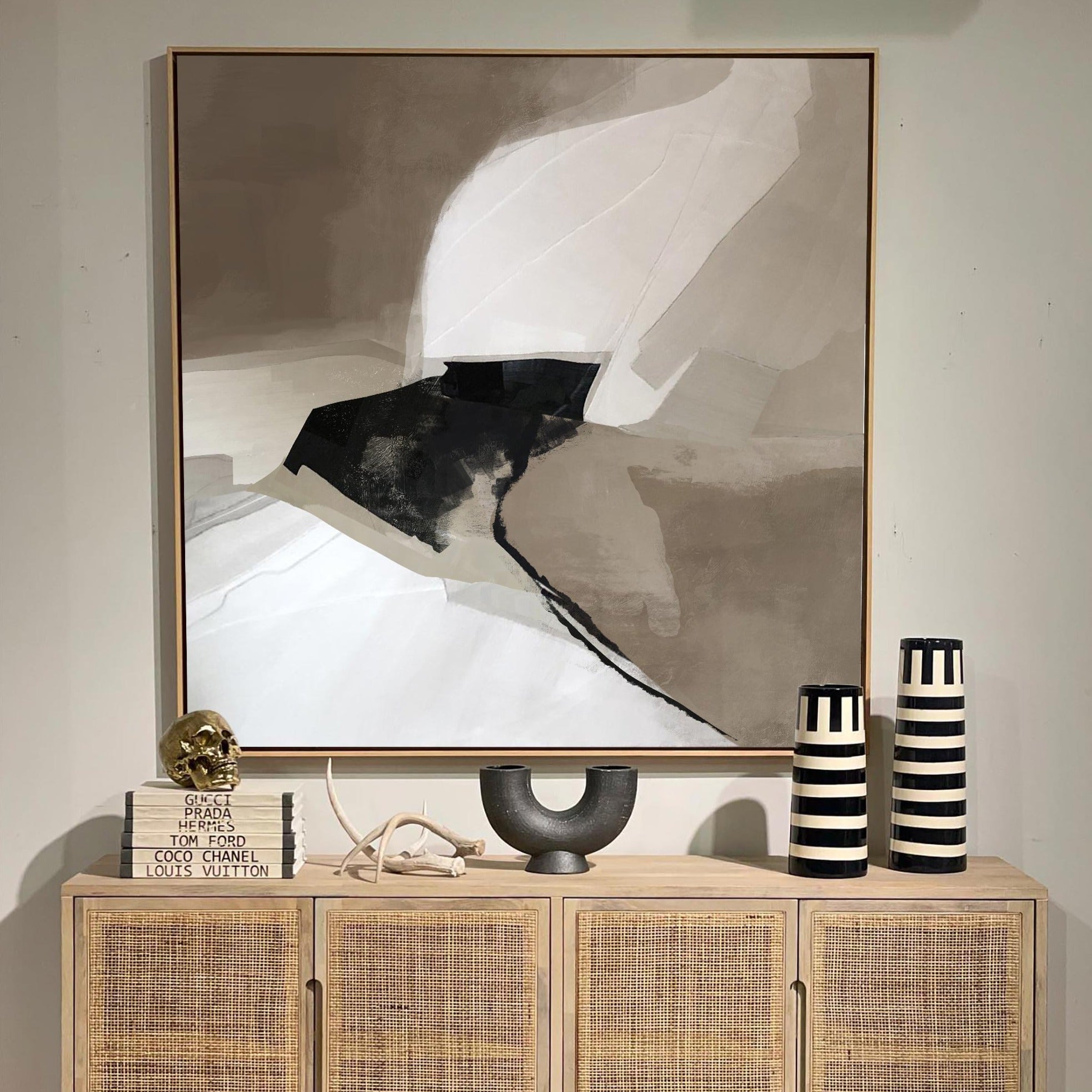 Abstract Black Beige White Flowing Shape Painting