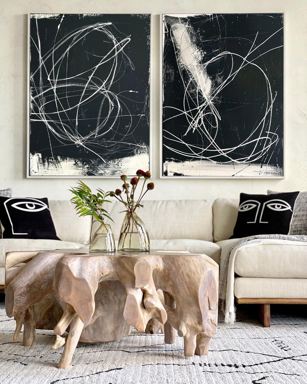 Black White Scribble Diptych Canvas Wall Art