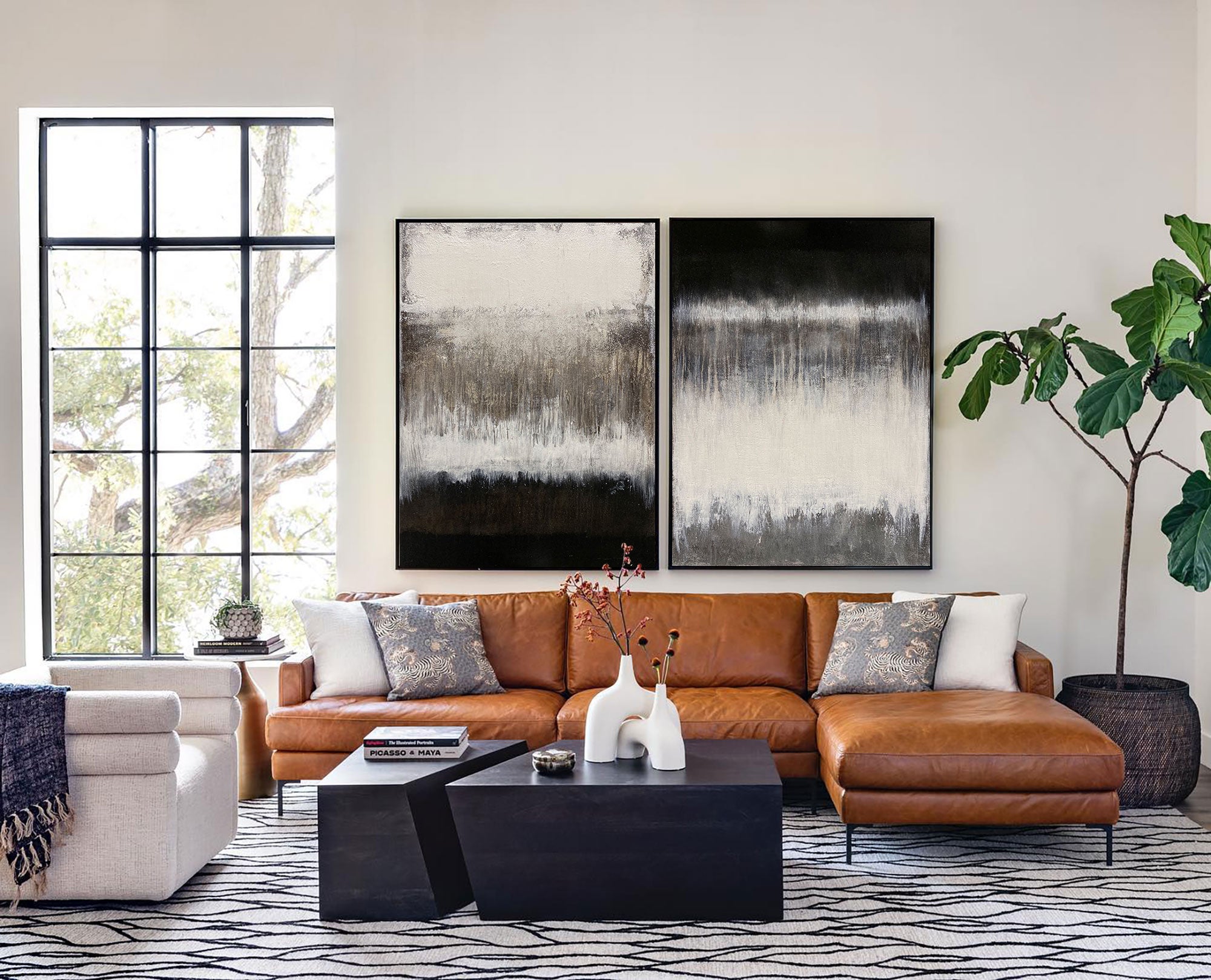 Black‑White‑Taupe Vertical 2‑Panel Gradient‑Textured Artwork