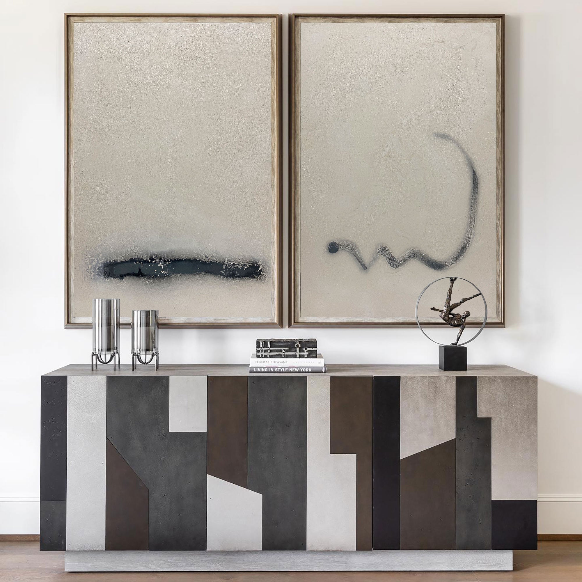 Duo‑Panel Subtle Line Abstract Hand‑Painted Muted Tone Textured Artwork