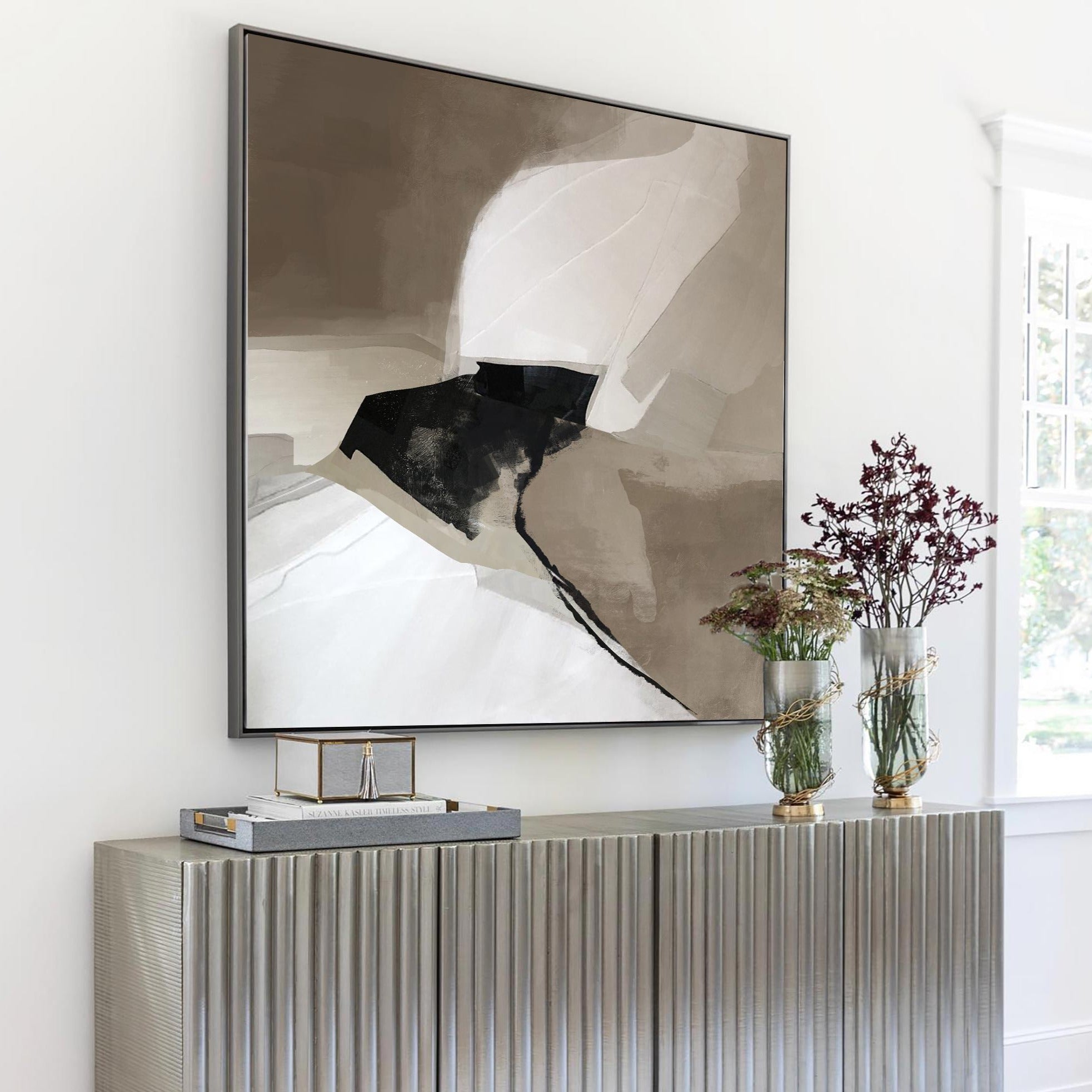 Abstract Black Beige White Flowing Shape Painting