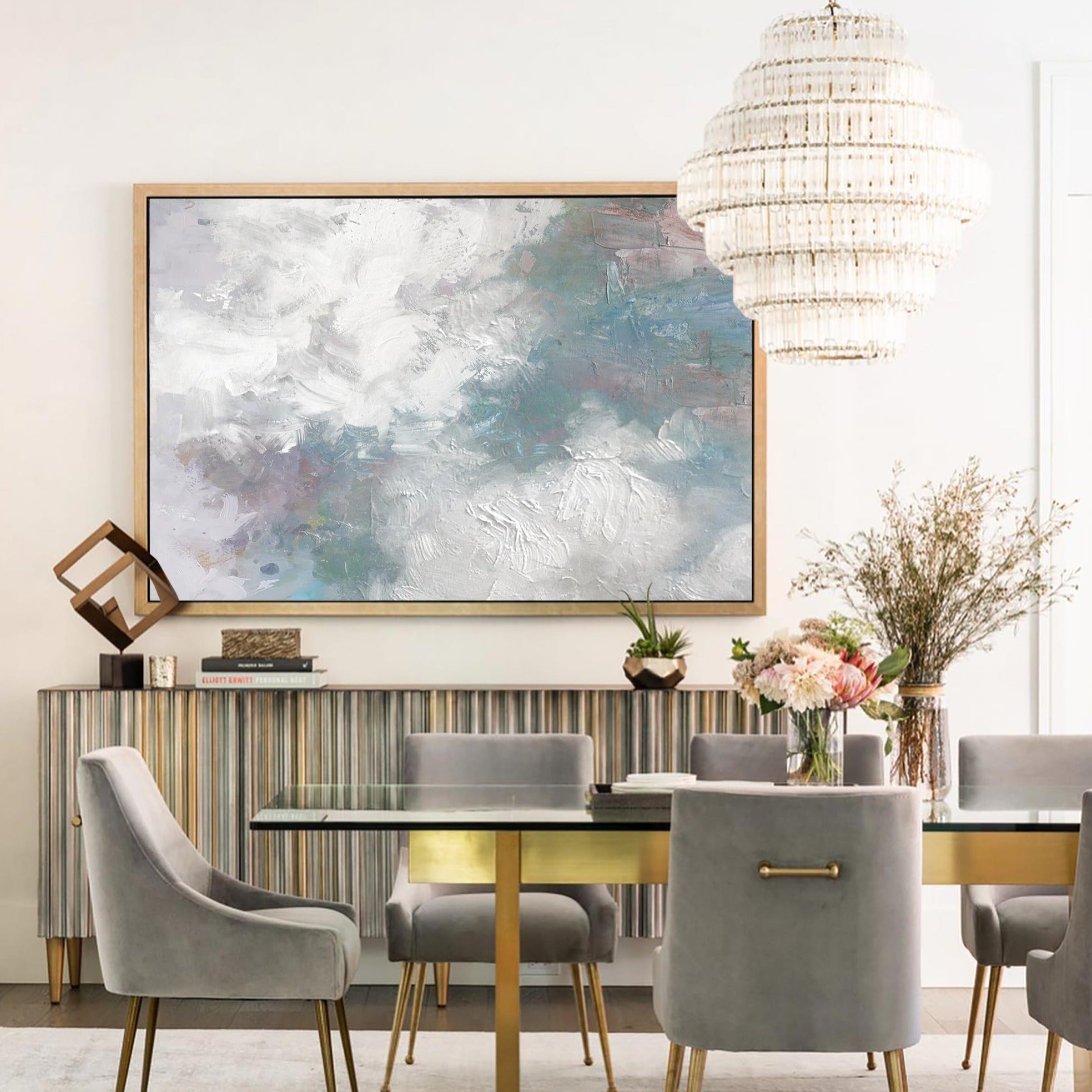 White‑Blue‑Mauve Horizontal Ocean‑Wave Impasto‑Textured Artwork