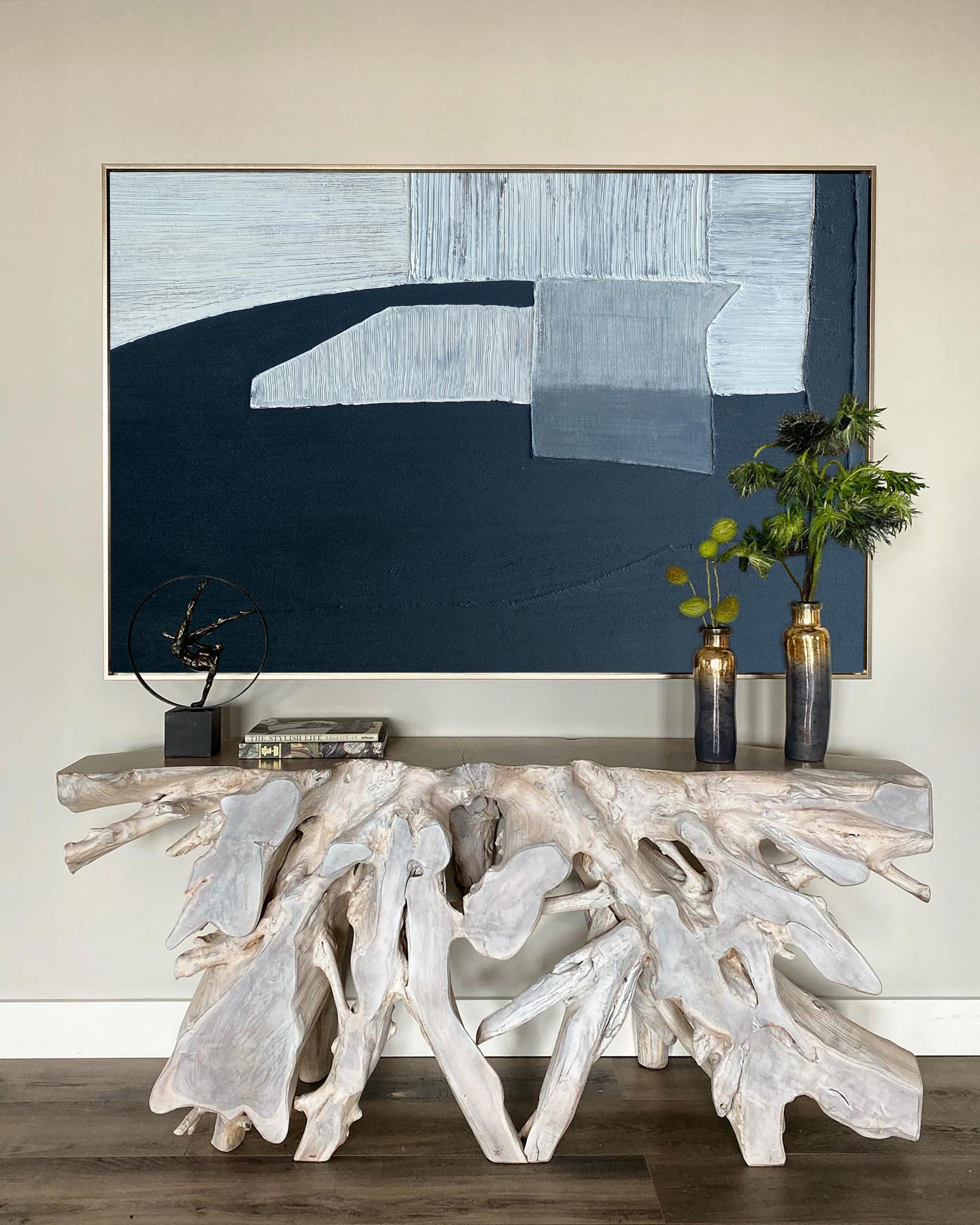 Minimalist Blue White Black Geometric Abstract Painting
