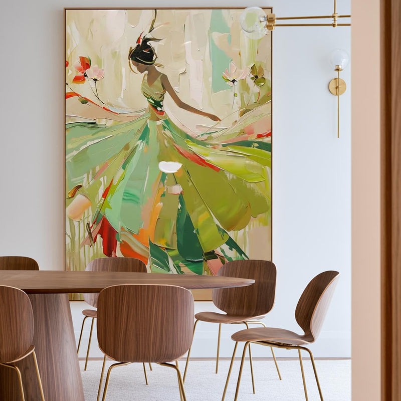 Vibrant Impasto Ballerina in Green Dress Painting