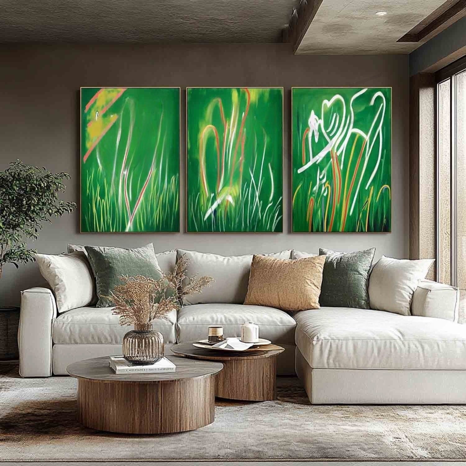 Wall Art Triptych Green Grass Abstract