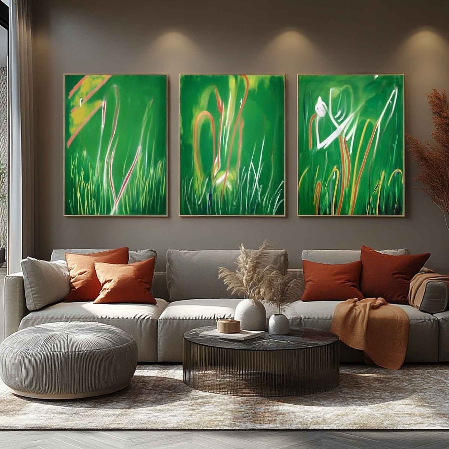 Wall Art Triptych Green Grass Abstract