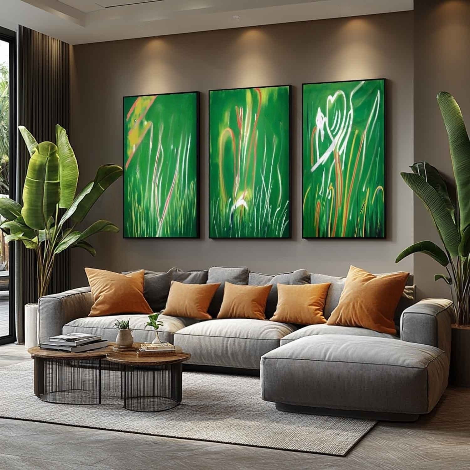 Wall Art Triptych Green Grass Abstract