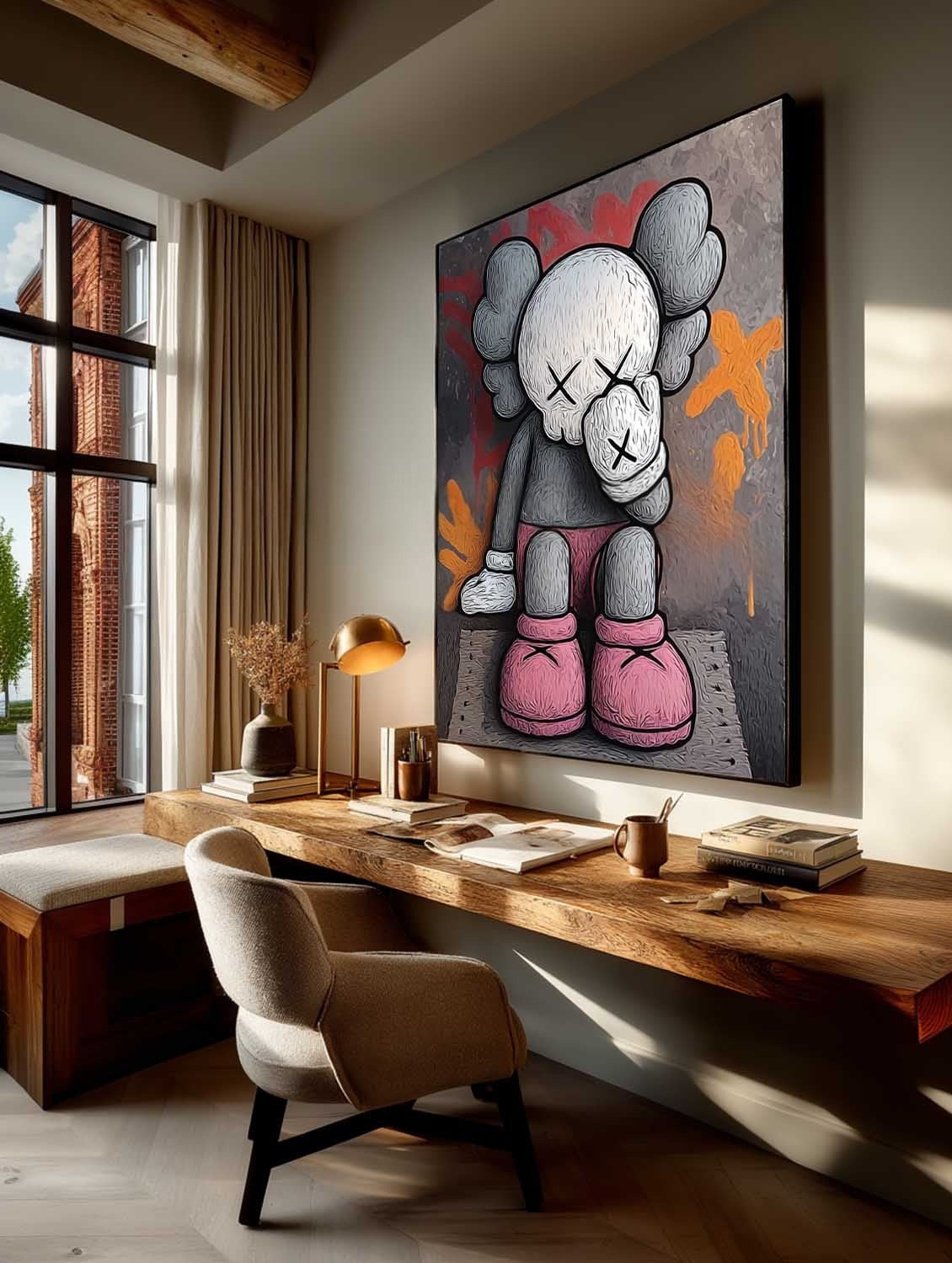 Wall Art Grey Pink Kaws Figure Graffiti Pop