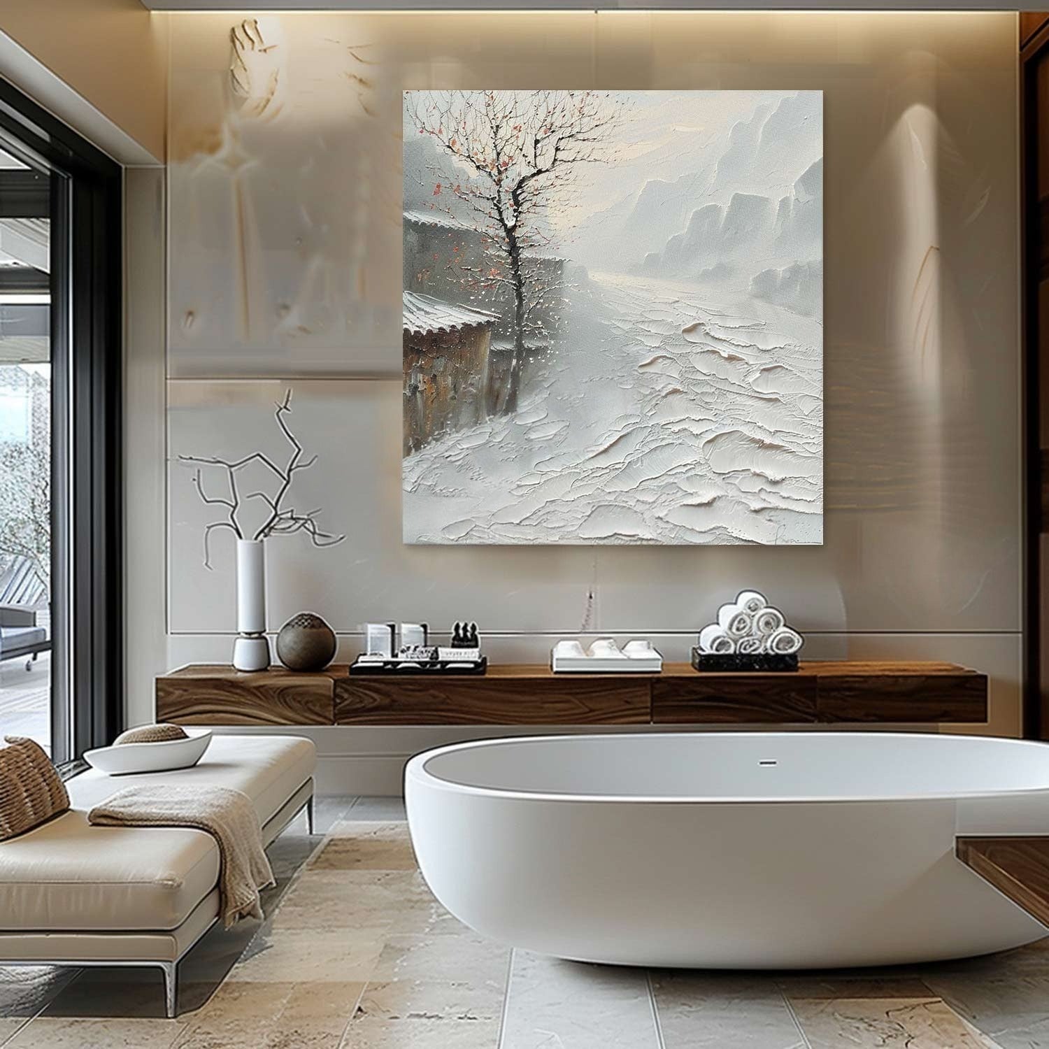 Wall Art Impasto Winter Village Neutral