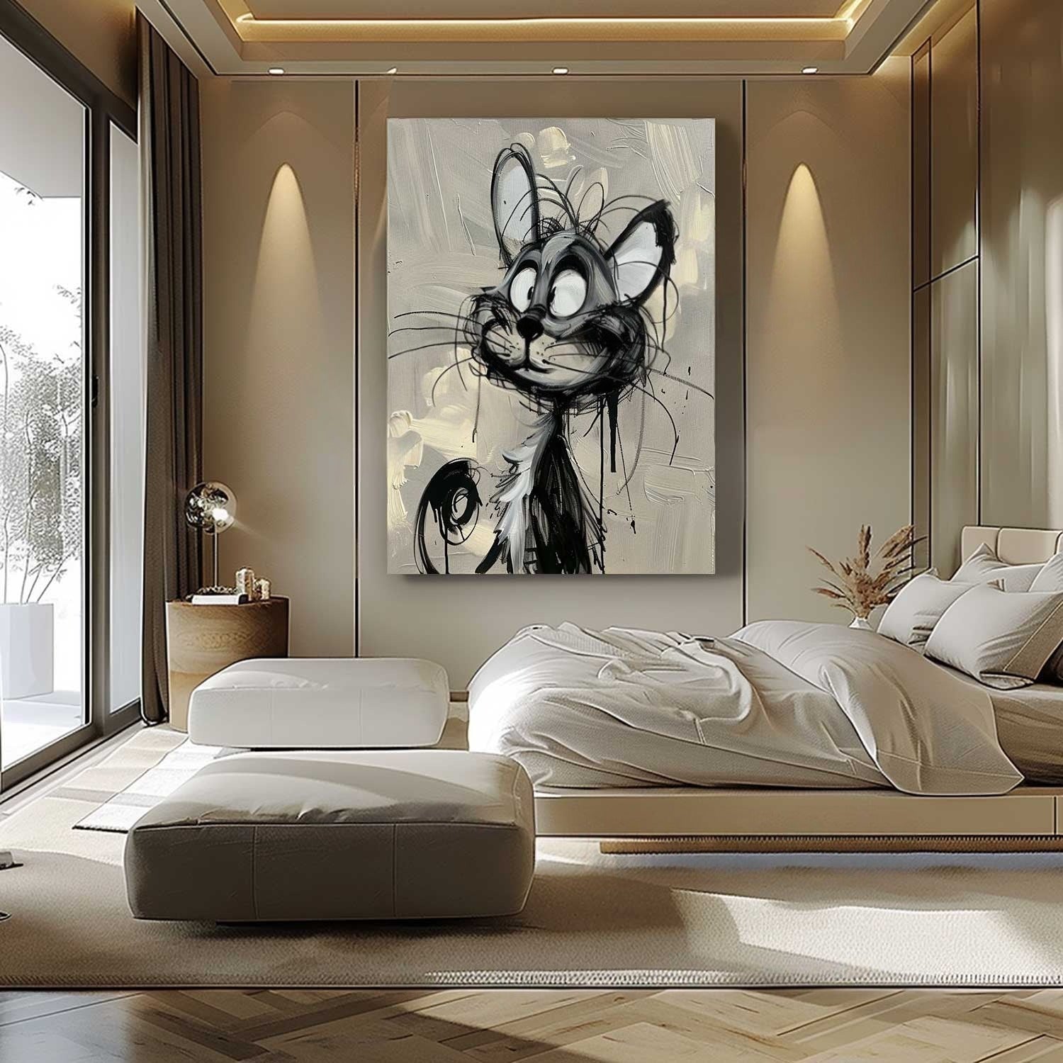 Wall Art Cartoon Cat Black White Drip Oil Painting