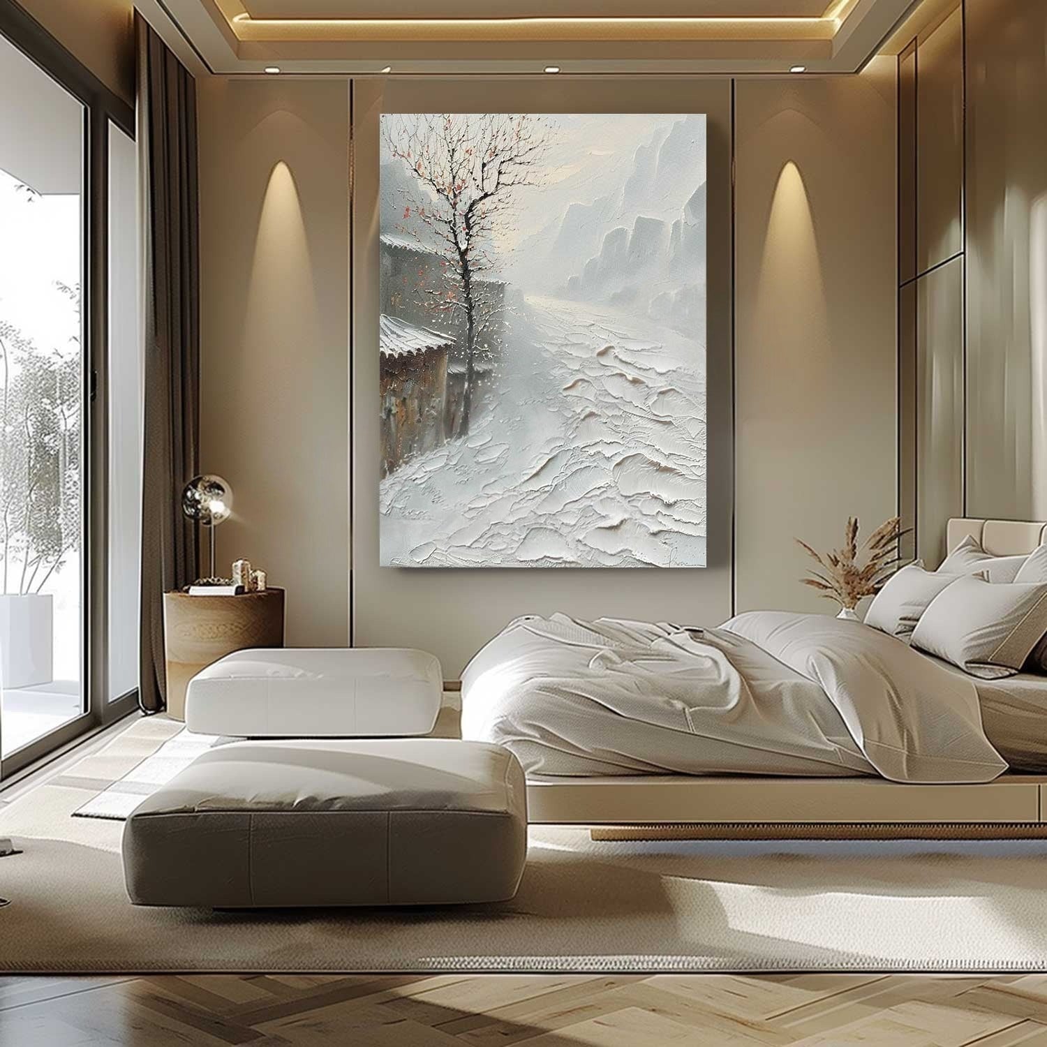 Wall Art Impasto Winter Village Neutral