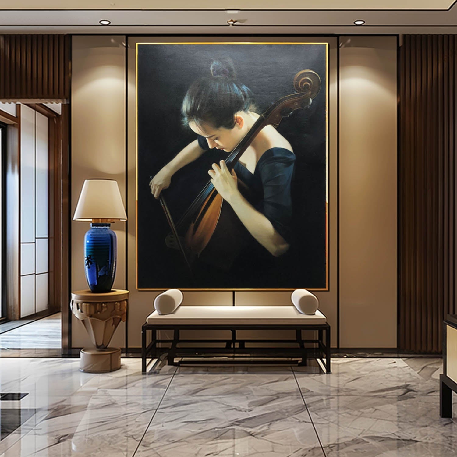 Wall Art Woman Cellist Realistic Oil Painting