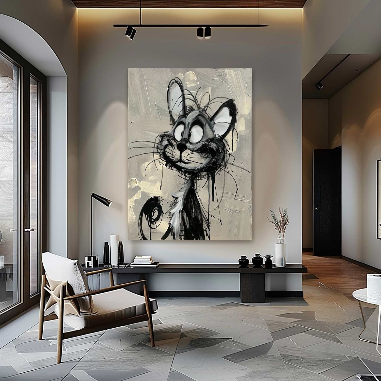 Wall Art Cartoon Cat Black White Drip Oil Painting