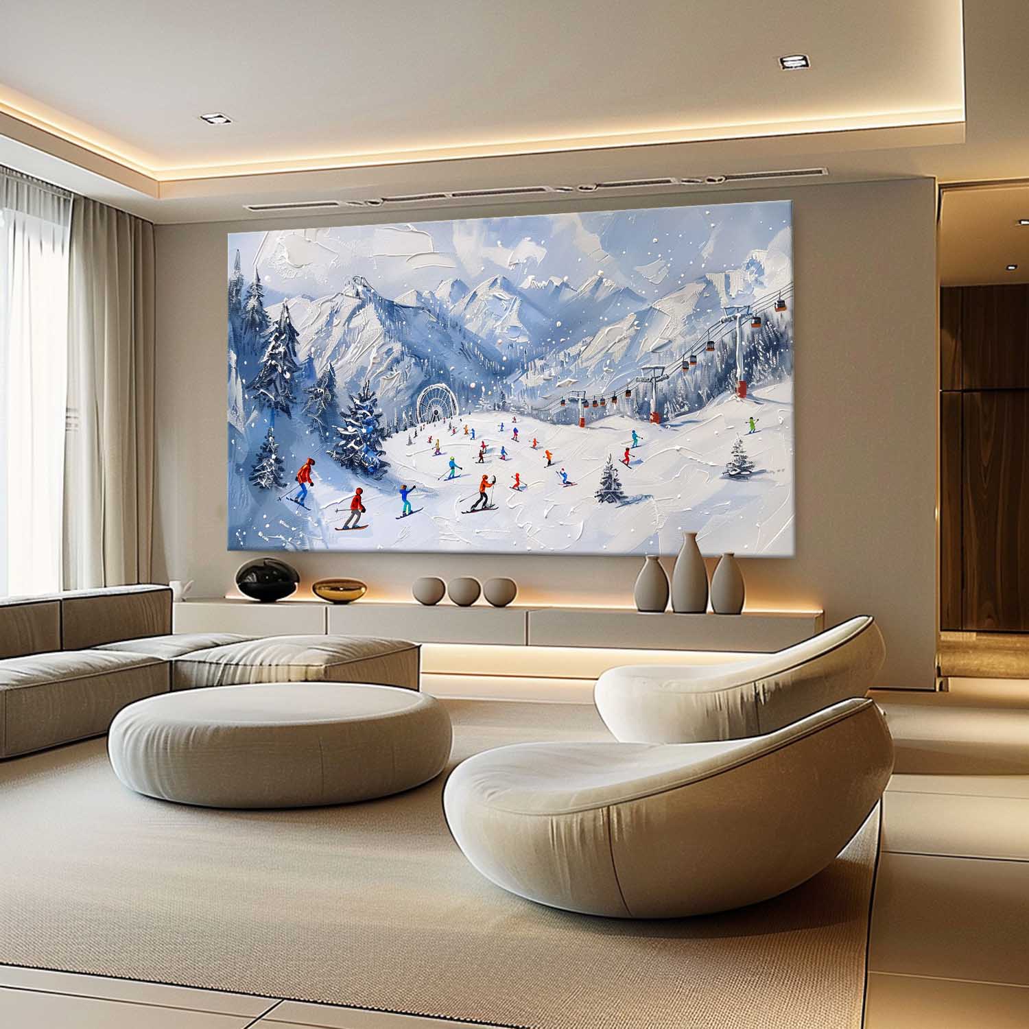 Wall Art Alpine Ski Resort Scene Misty Winter Landscape