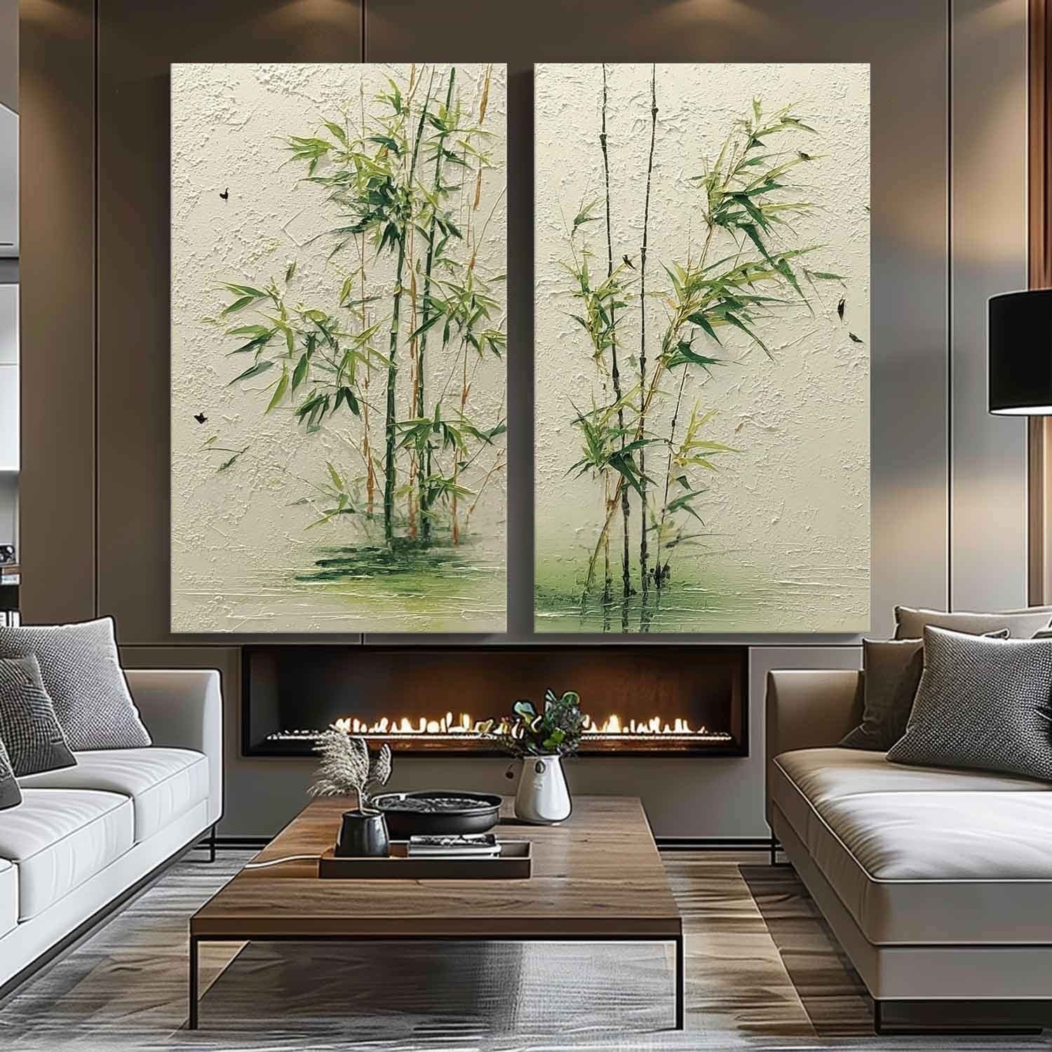 Wall Art Green Bamboo Diptych Oriental Set