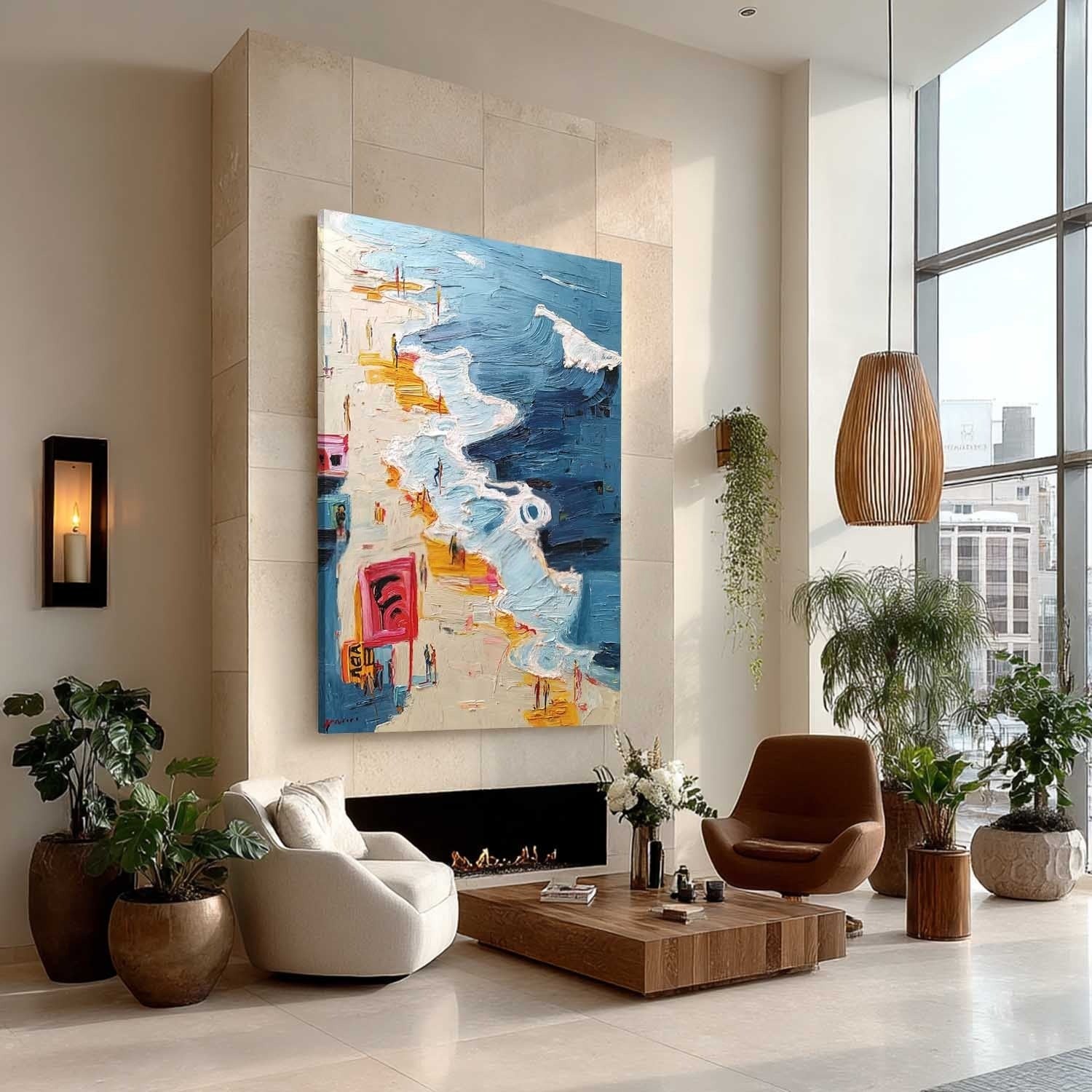 Wall Art Vertical Impressionist Coastal Boardwalk Scene Bright