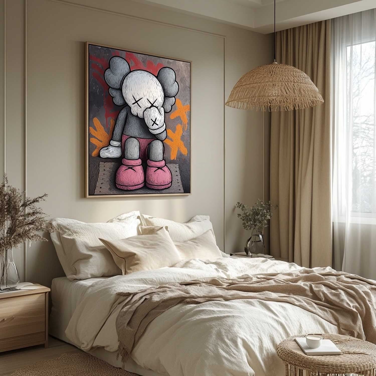 Wall Art Grey Pink Kaws Figure Graffiti Pop
