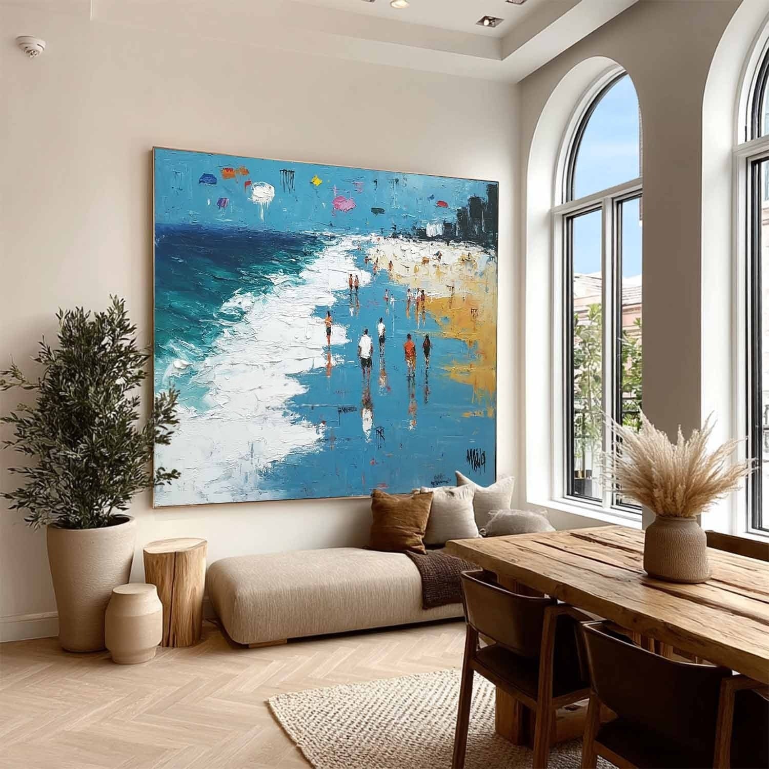 Wall Art Panoramic Impressionist Beach Boardwalk Scene Bright
