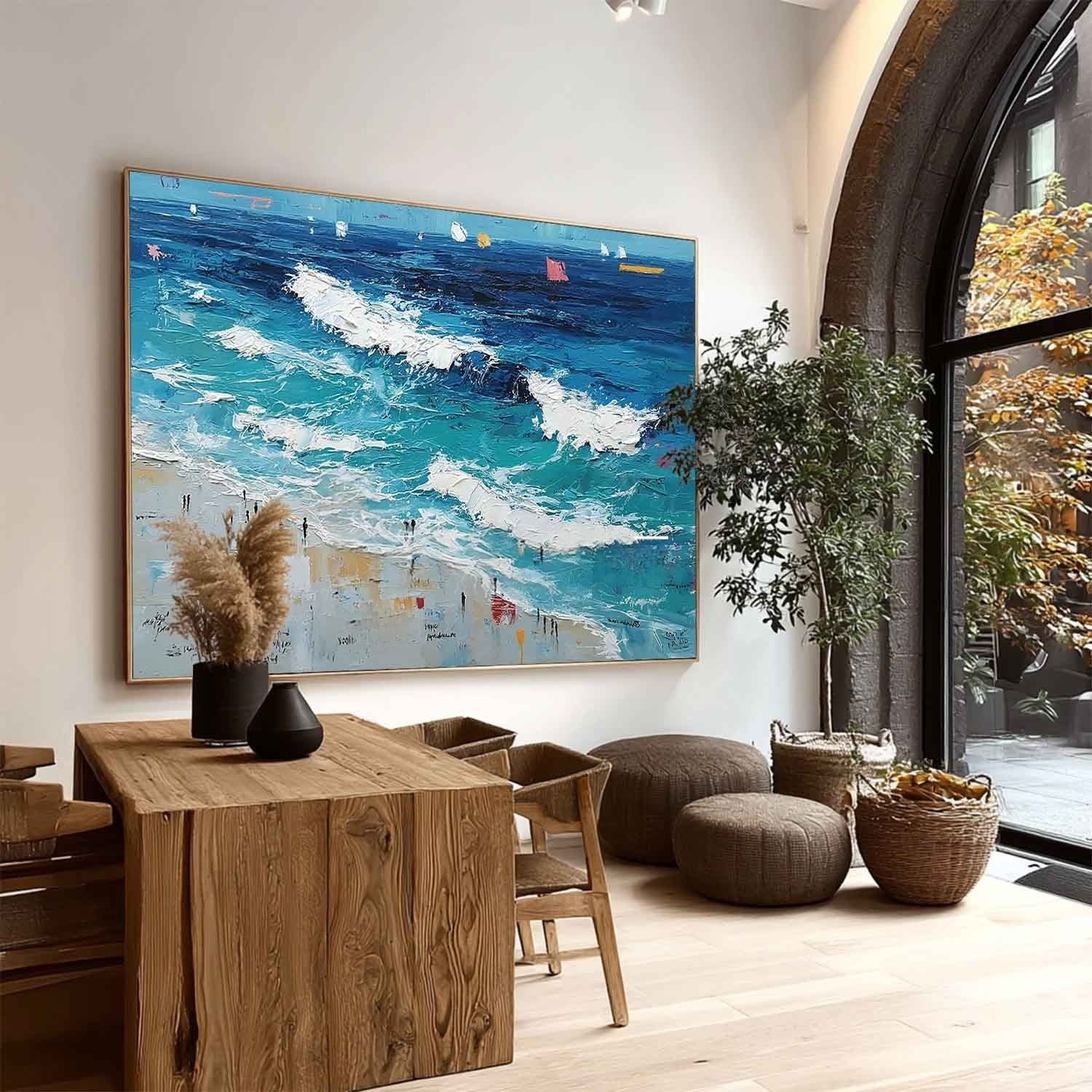 Wall Art Panoramic Impressionist Ocean Wave Scene Vivid Turquoise