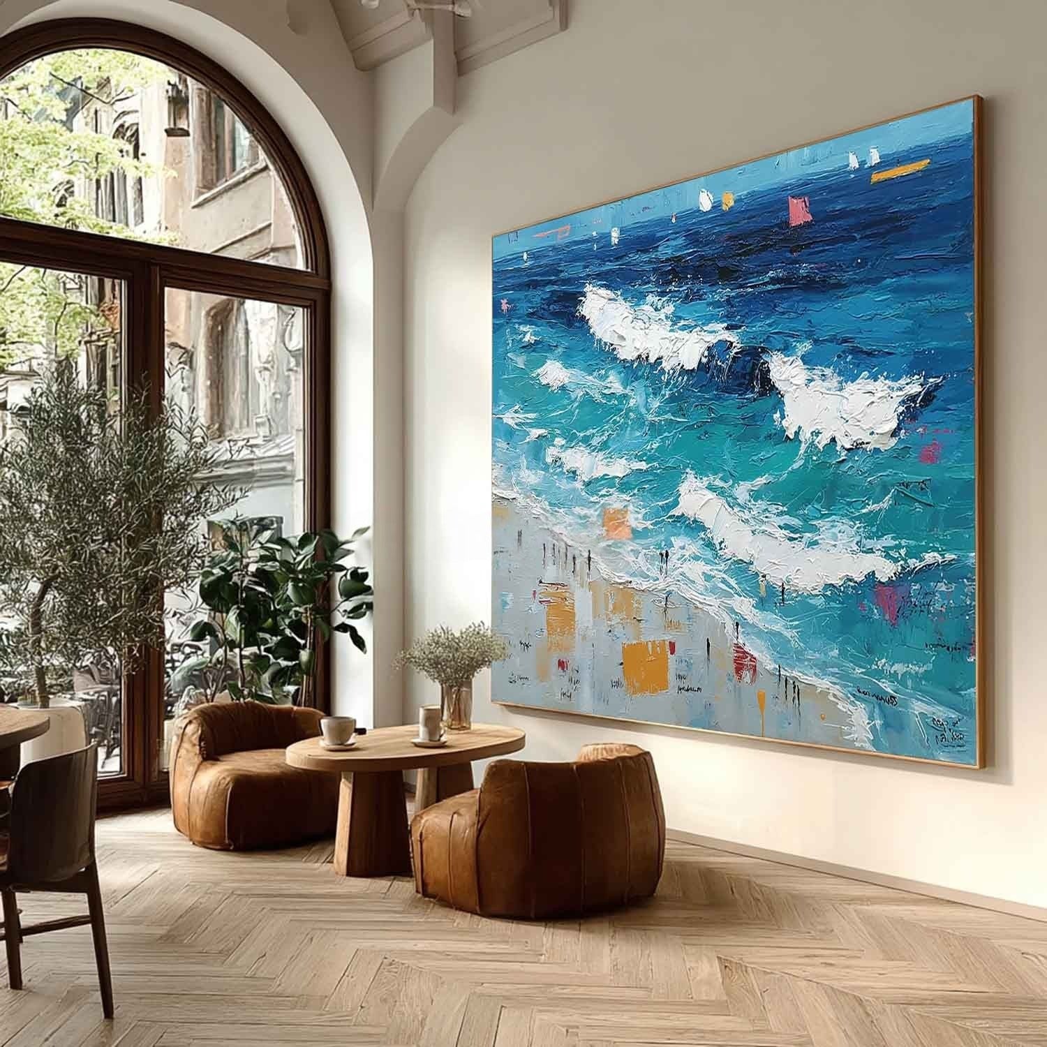 Wall Art Panoramic Impressionist Ocean Wave Scene Vivid Turquoise