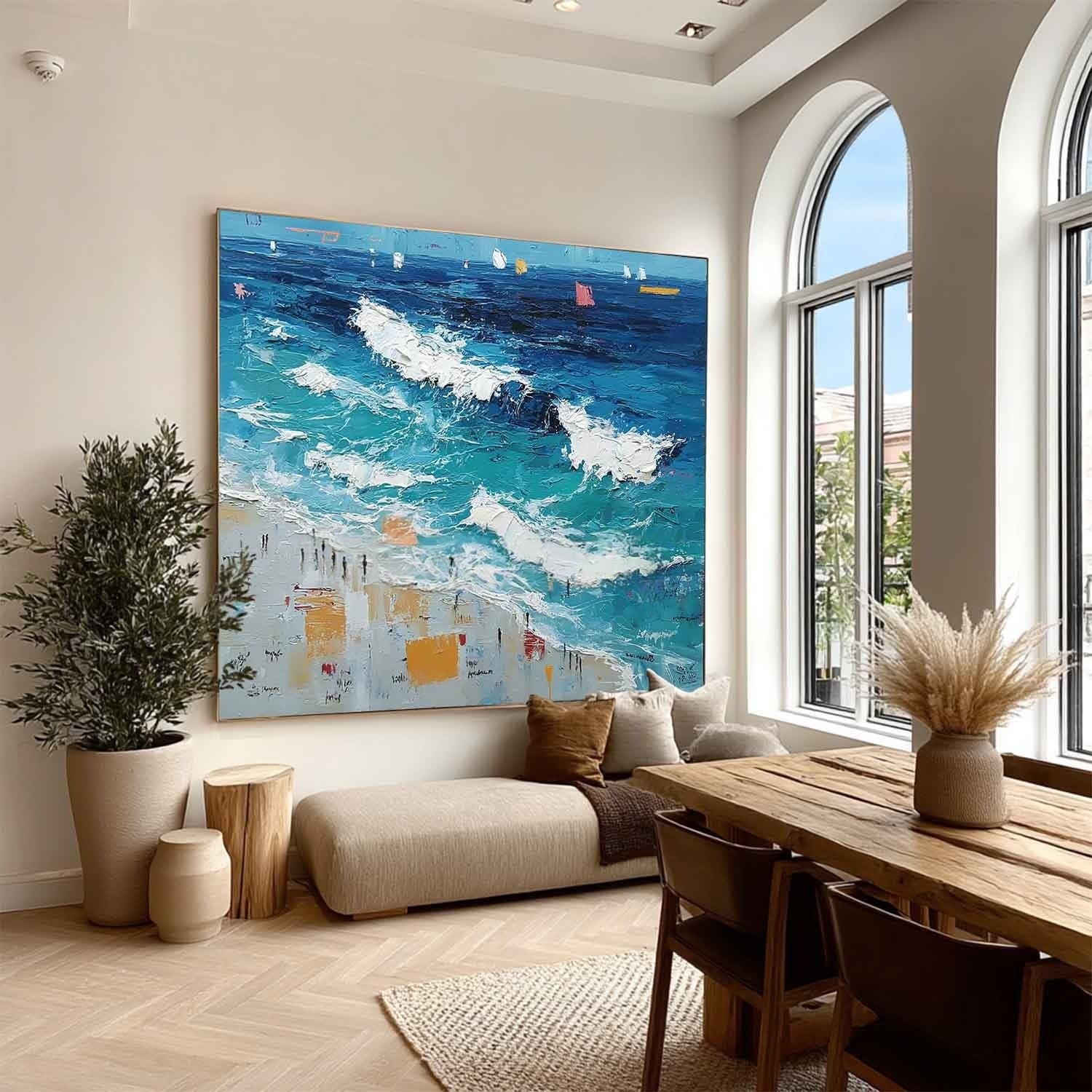 Wall Art Panoramic Impressionist Ocean Wave Scene Vivid Turquoise