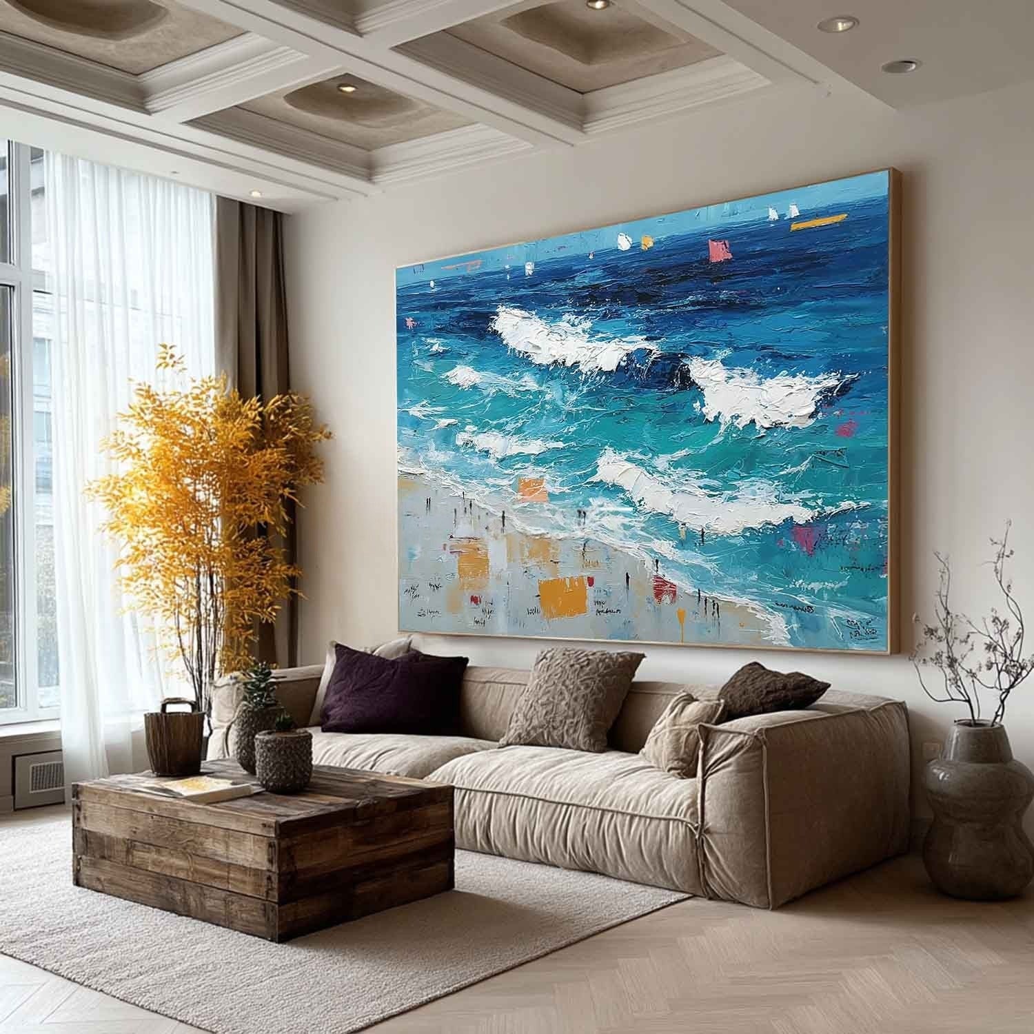 Wall Art Panoramic Impressionist Ocean Wave Scene Vivid Turquoise