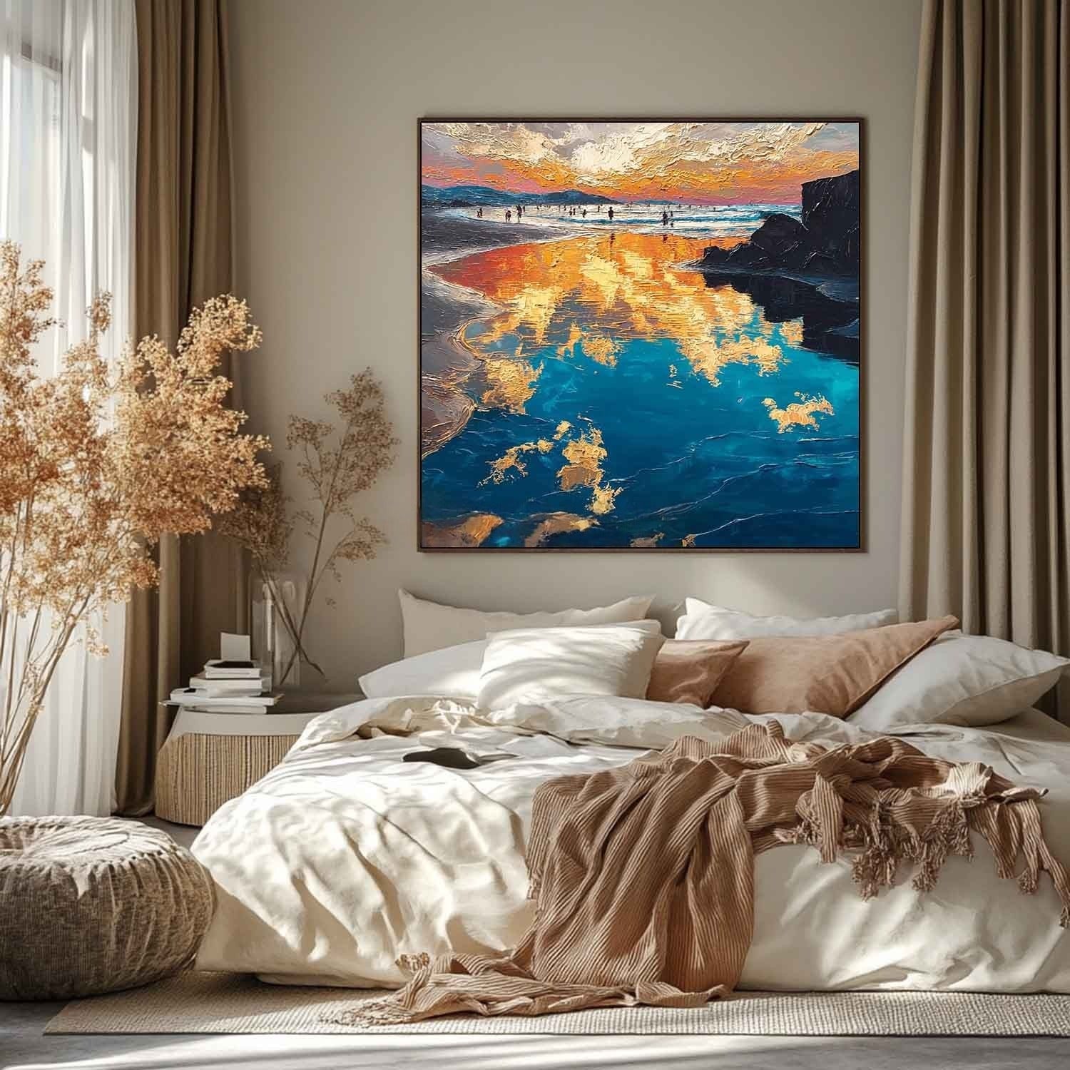 Golden Hour Beach Reflection Impasto Painting