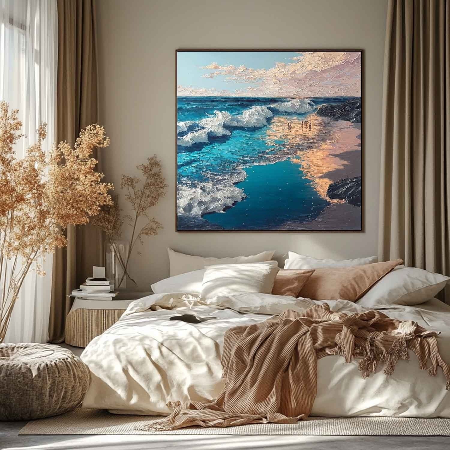 Sunset Beach Wave Impasto Painting