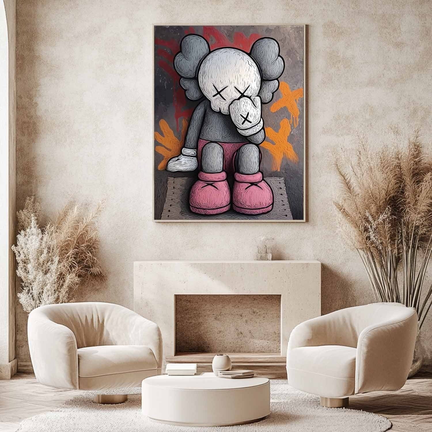 Wall Art Grey Pink Kaws Figure Graffiti Pop
