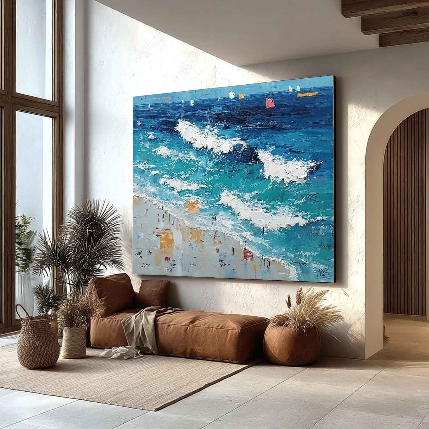 Wall Art Panoramic Impressionist Ocean Wave Scene Vivid Turquoise