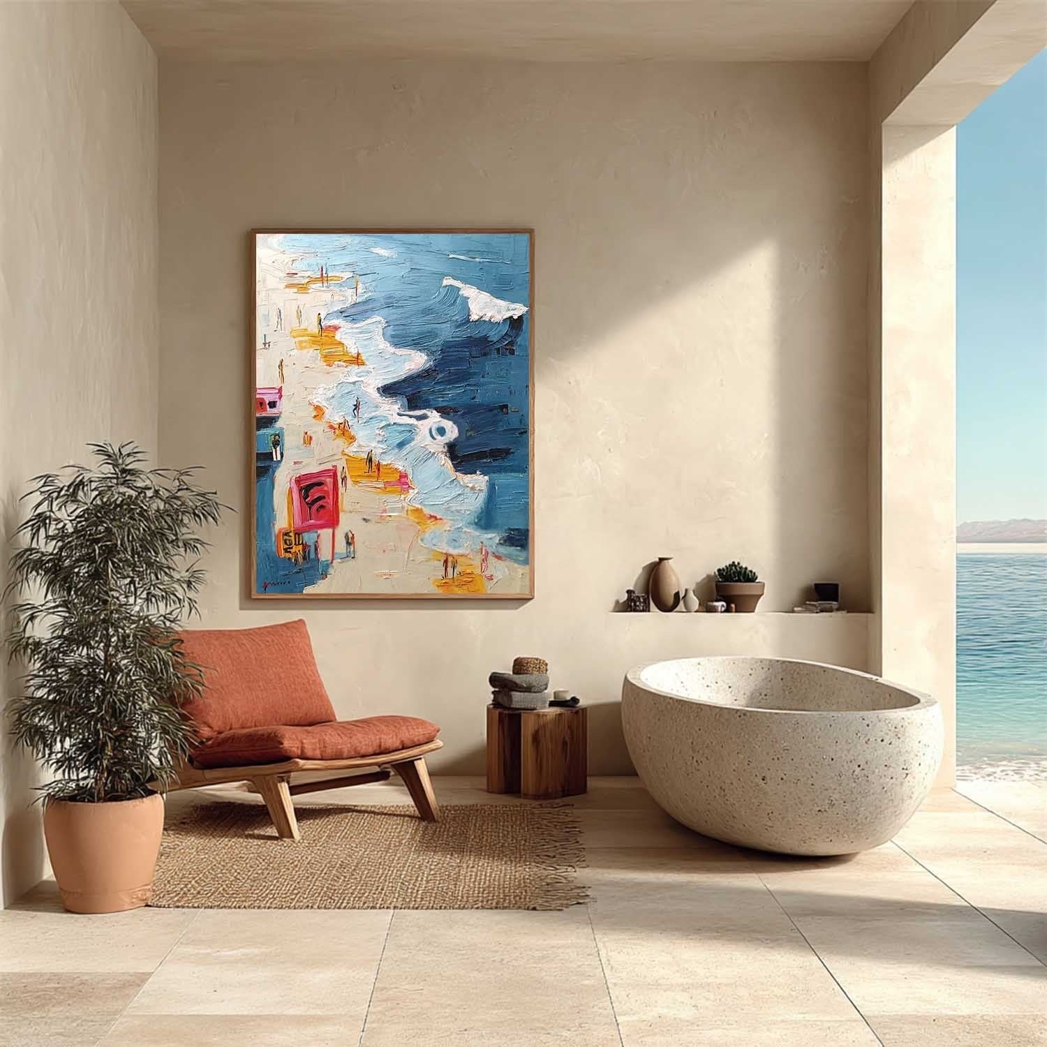 Wall Art Vertical Impressionist Coastal Boardwalk Scene Bright