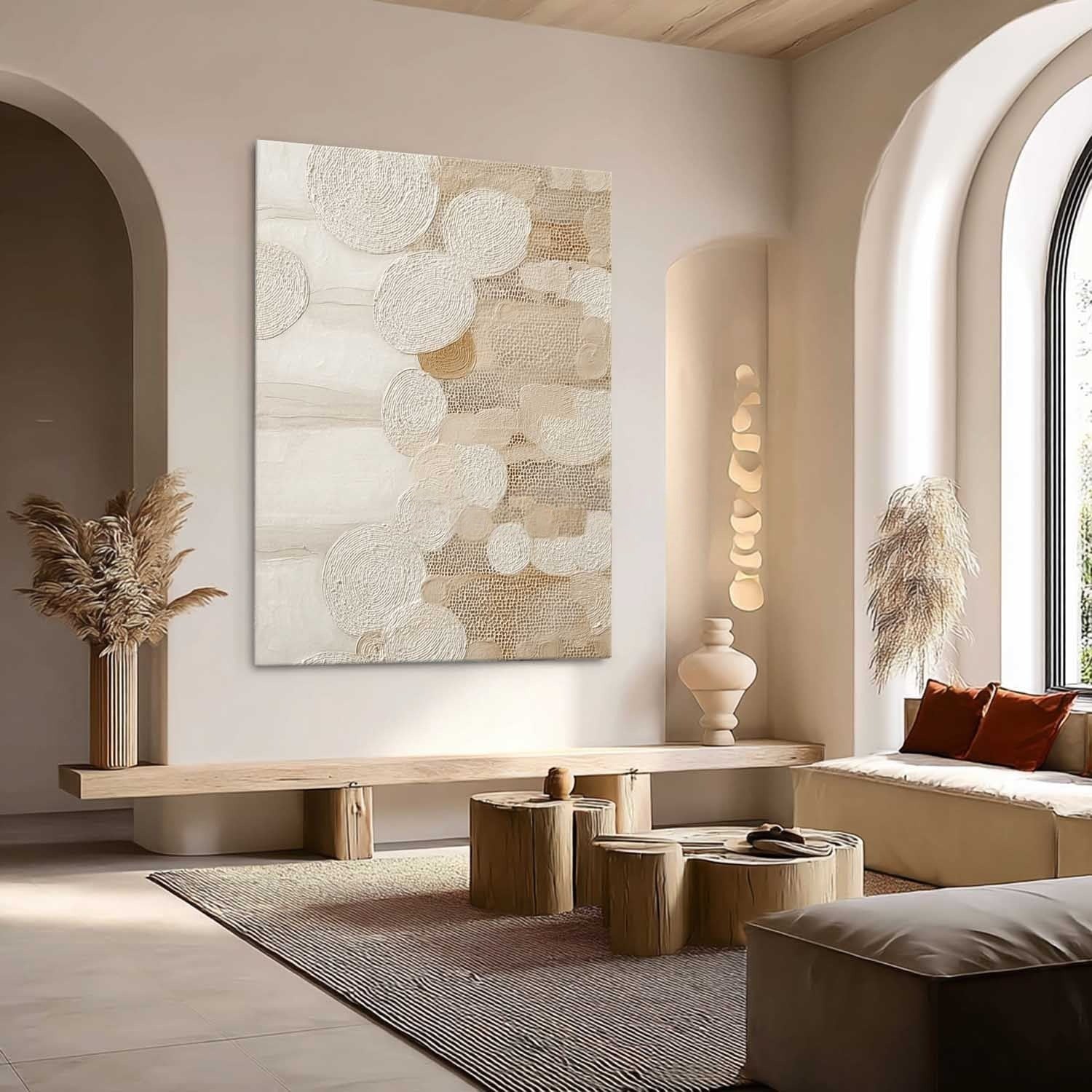 Taupe Cream Bubble Circle Textured Canvas Art