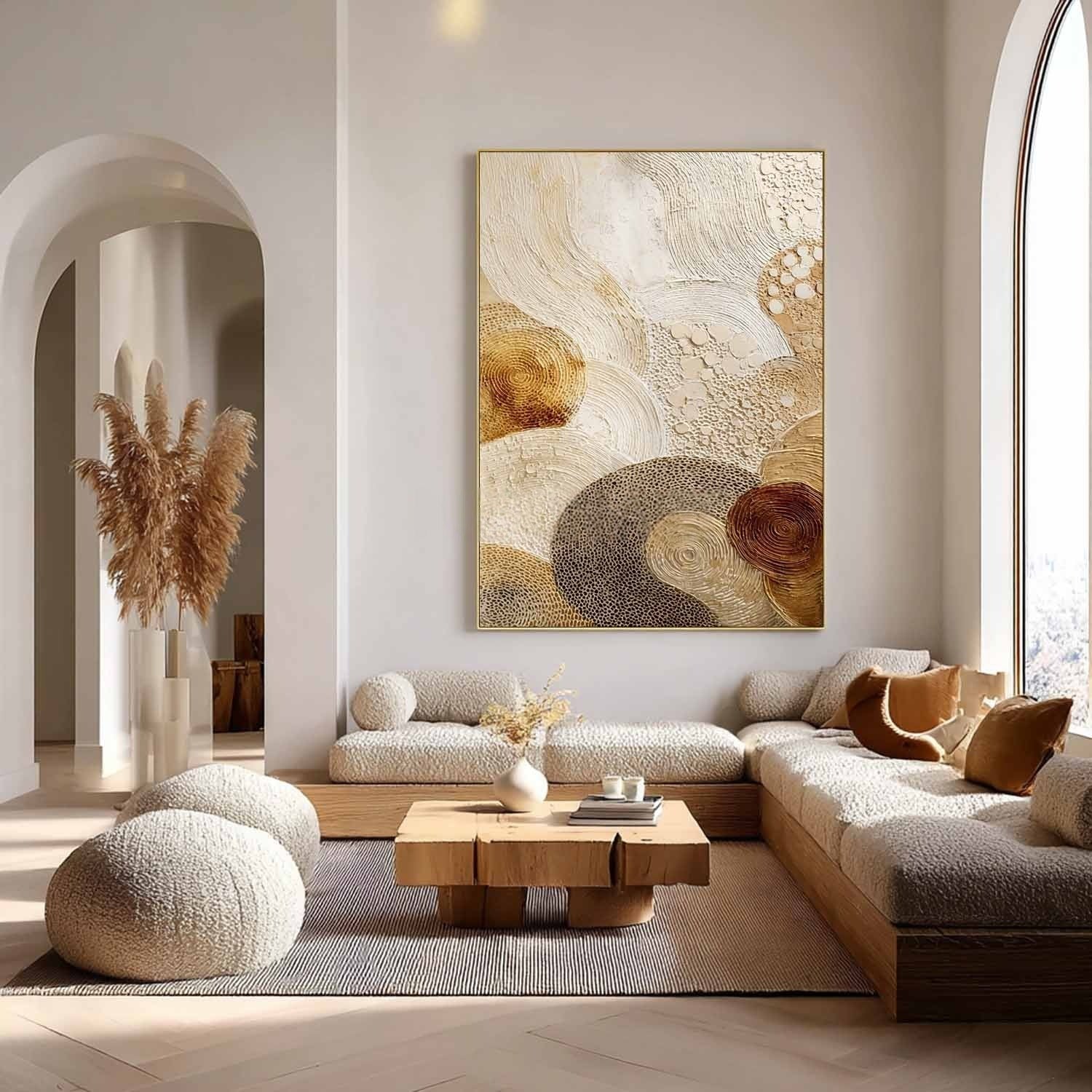 Gold Beige Abstract Circle Textured Canvas Art