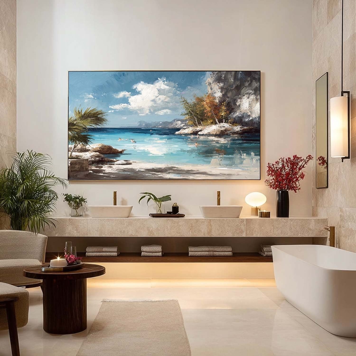 Tropical Cliffside Bay Impasto Painting
