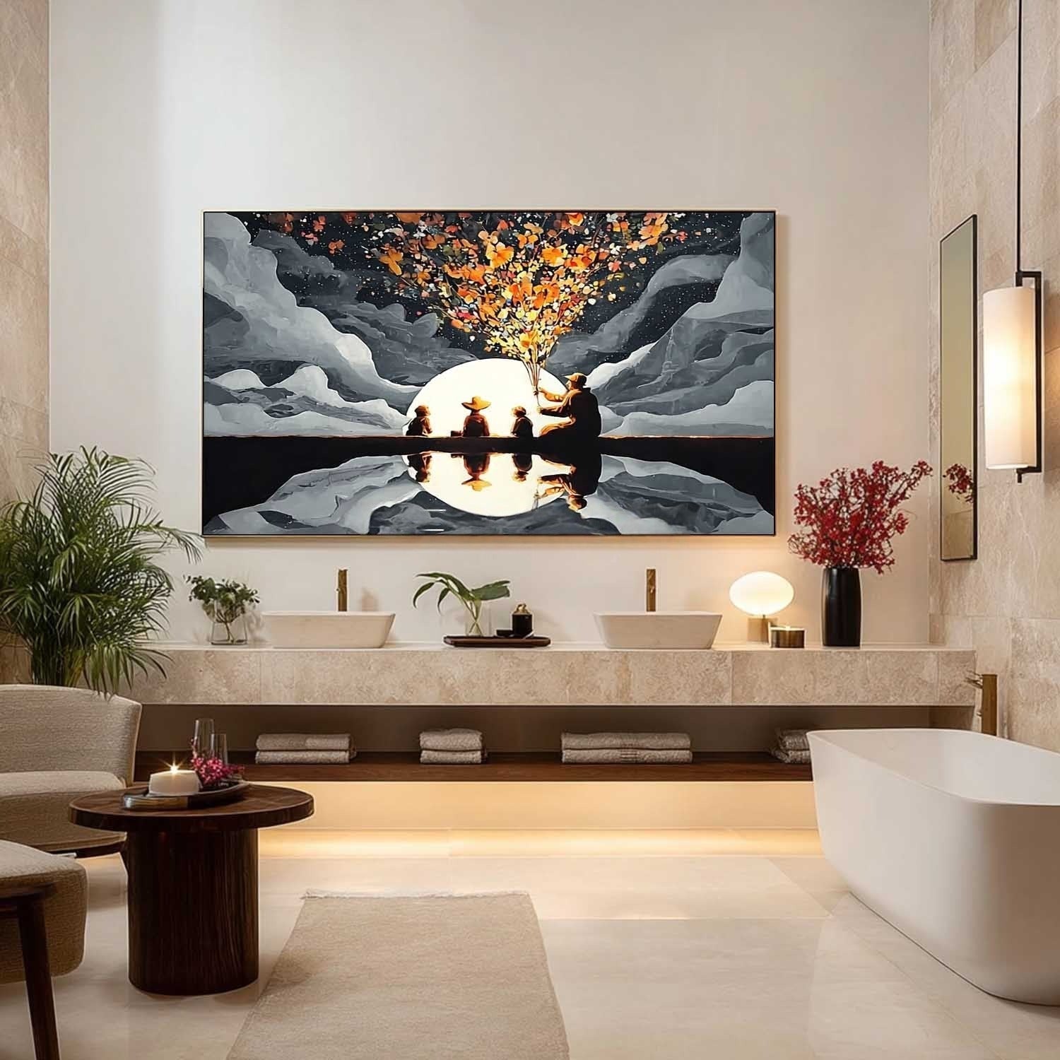 Family Silhouette Moon Art Oil Painting