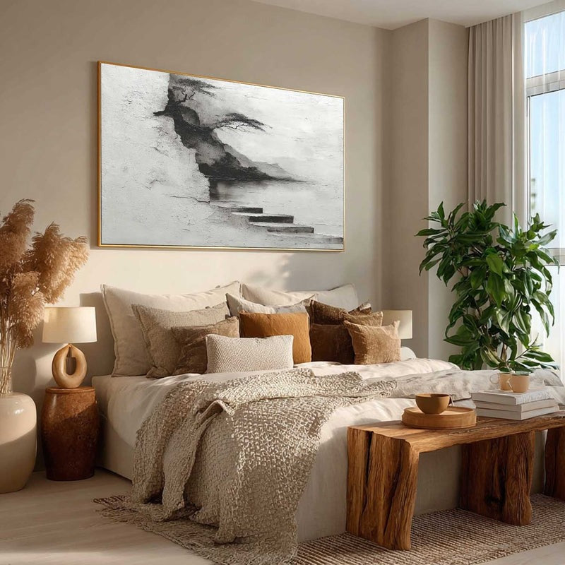 Wall Art Monochrome Cliff Tree Lakeside Landscape
