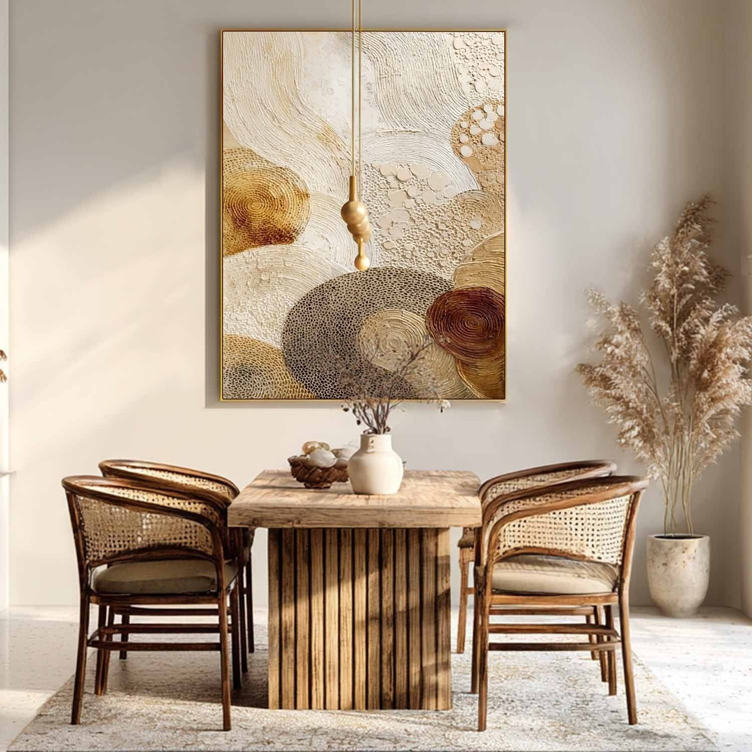 Gold Beige Abstract Circle Textured Canvas Art