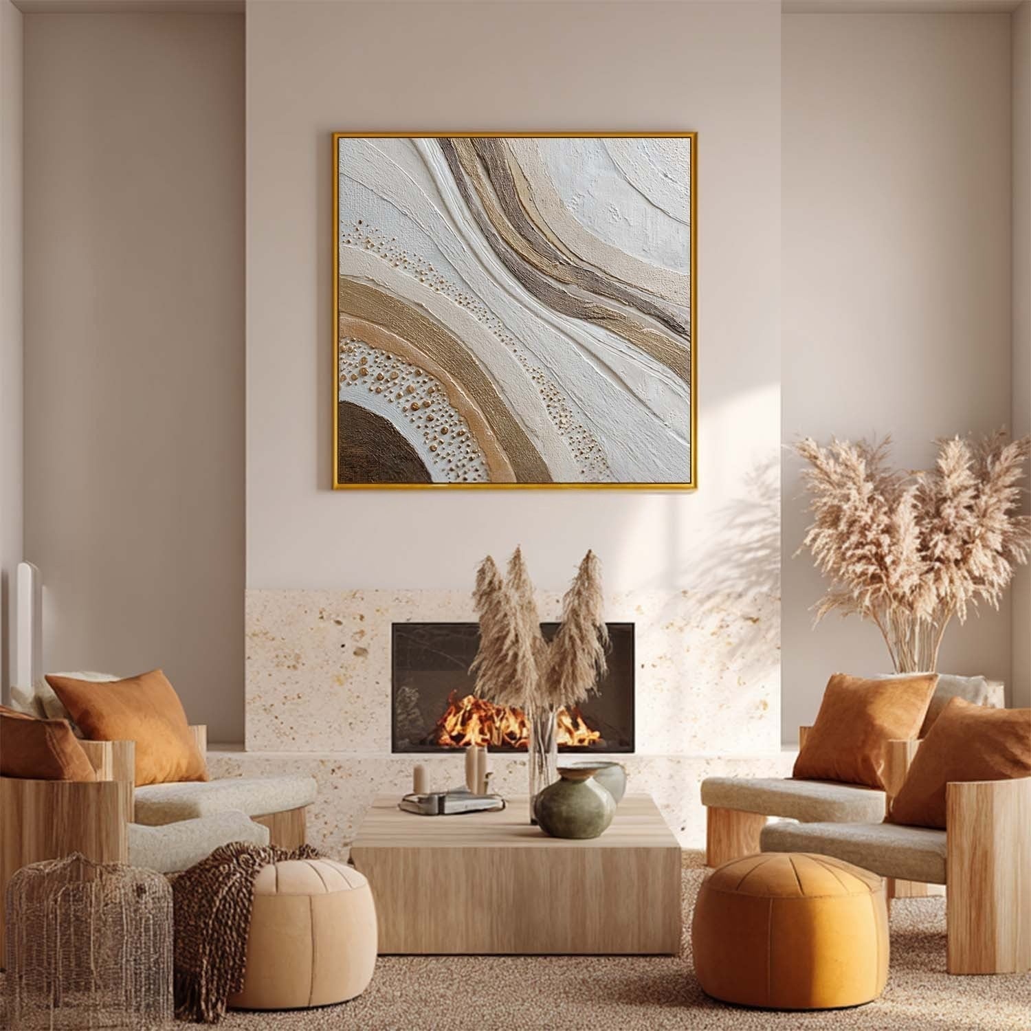 Wall Art Neutral Wave Abstract Gold Dot