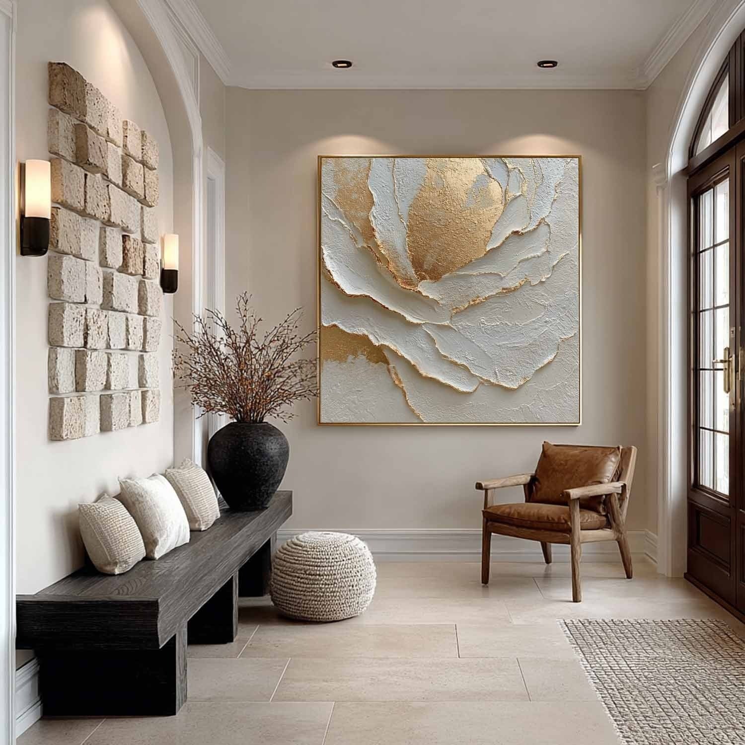 Wall Art White Peony Gold Accent Floral