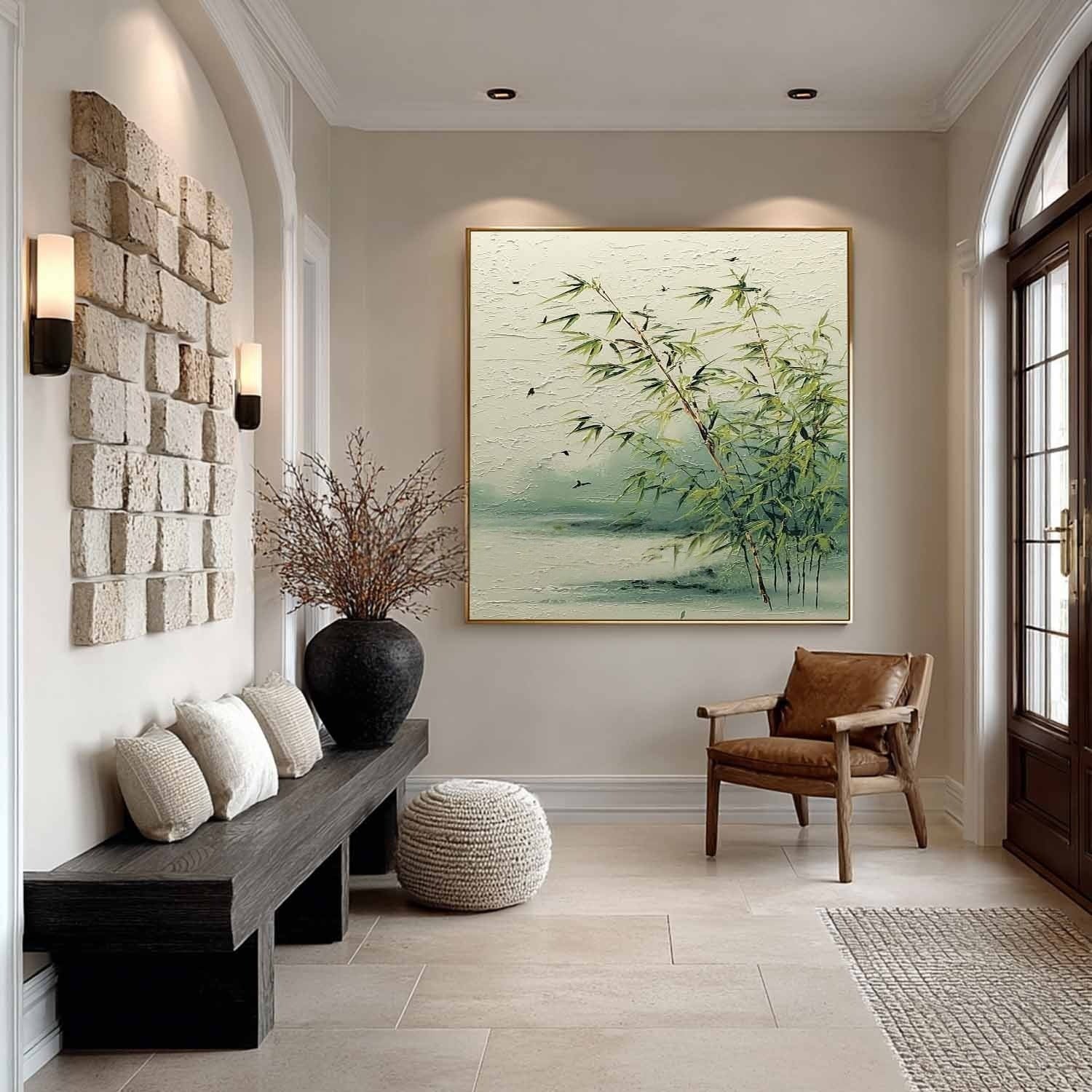 Tranquil Lakeside Bamboo 3D Impasto Painting