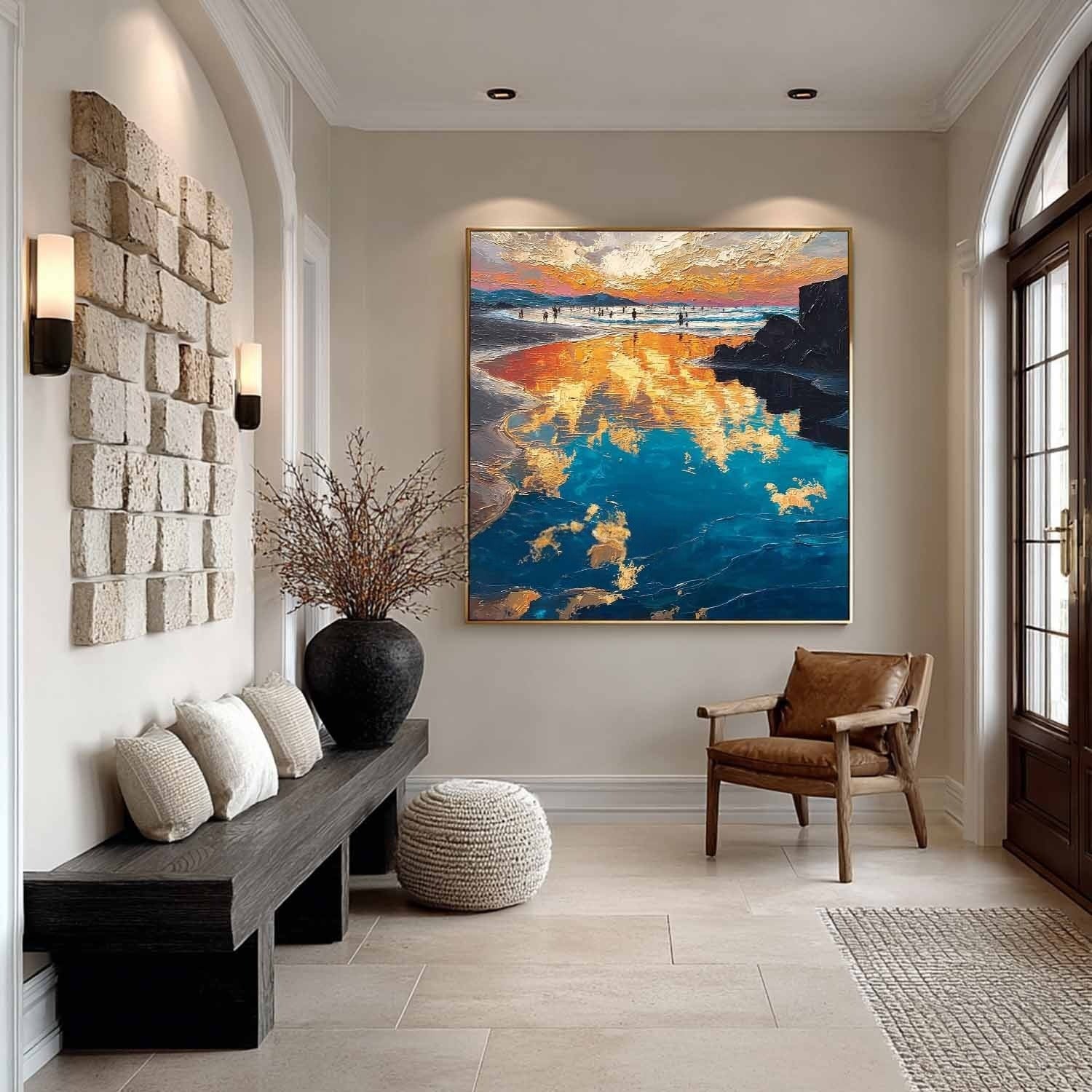Golden Hour Beach Reflection Impasto Painting