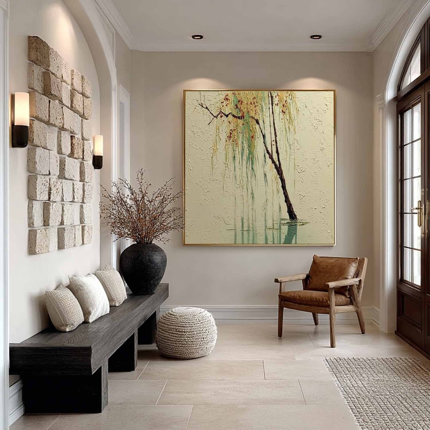 Wall Art Green Willow Reflection Textured Landscape