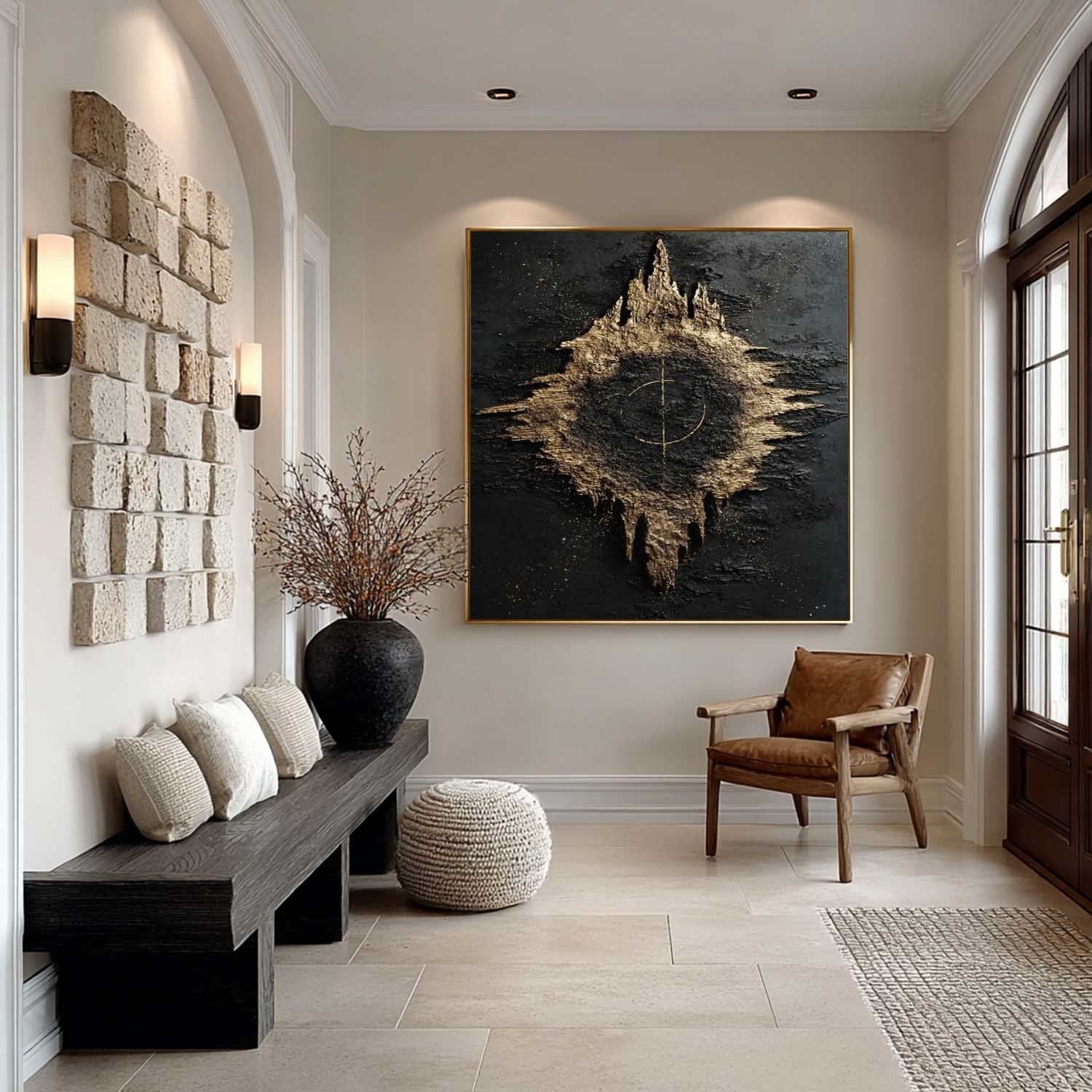 Black Gold Abstract Geode Bas-Relief Painting