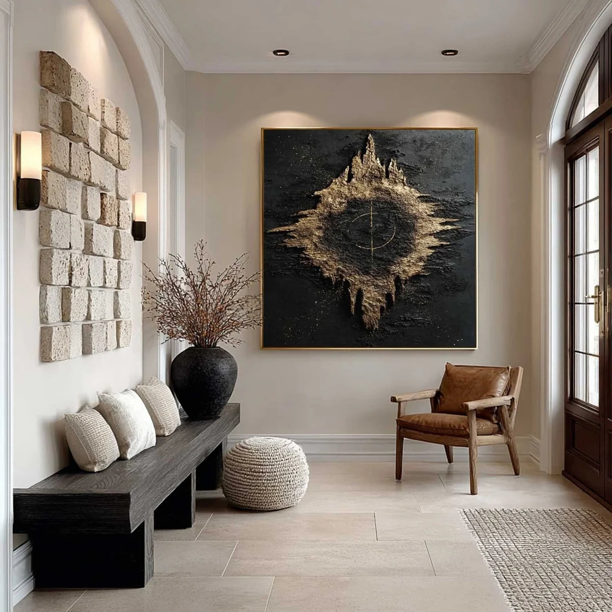 Black Gold Abstract Geode Bas-Relief Painting