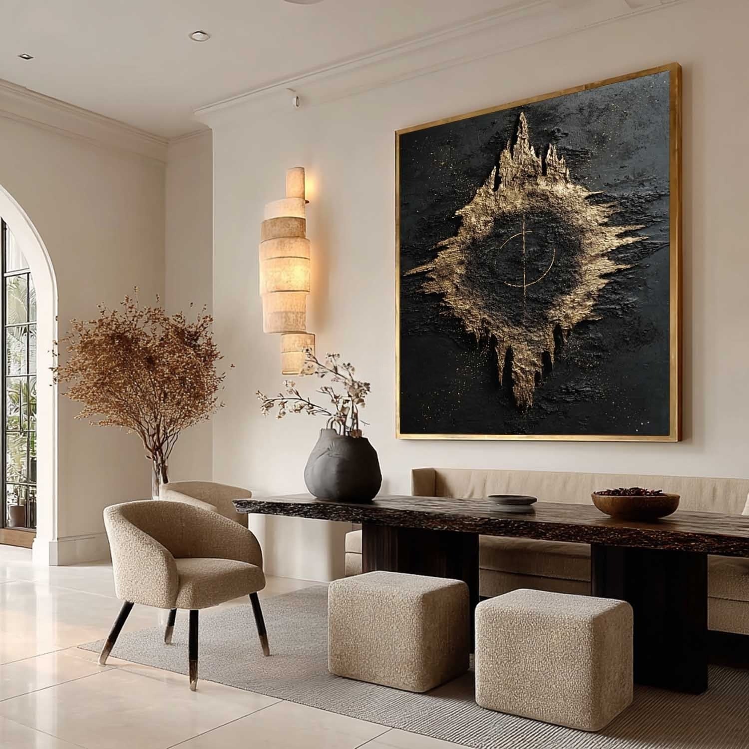 Black Gold Abstract Geode Bas-Relief Painting
