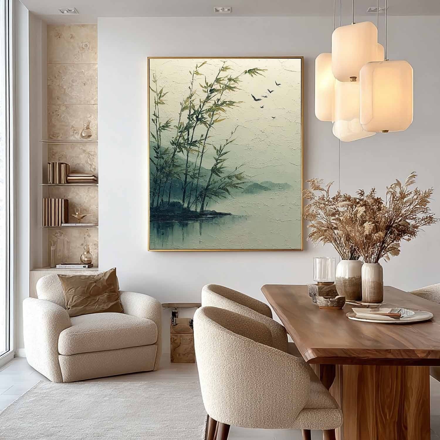 Misty Lakeside Bamboo 3D Impasto Painting
