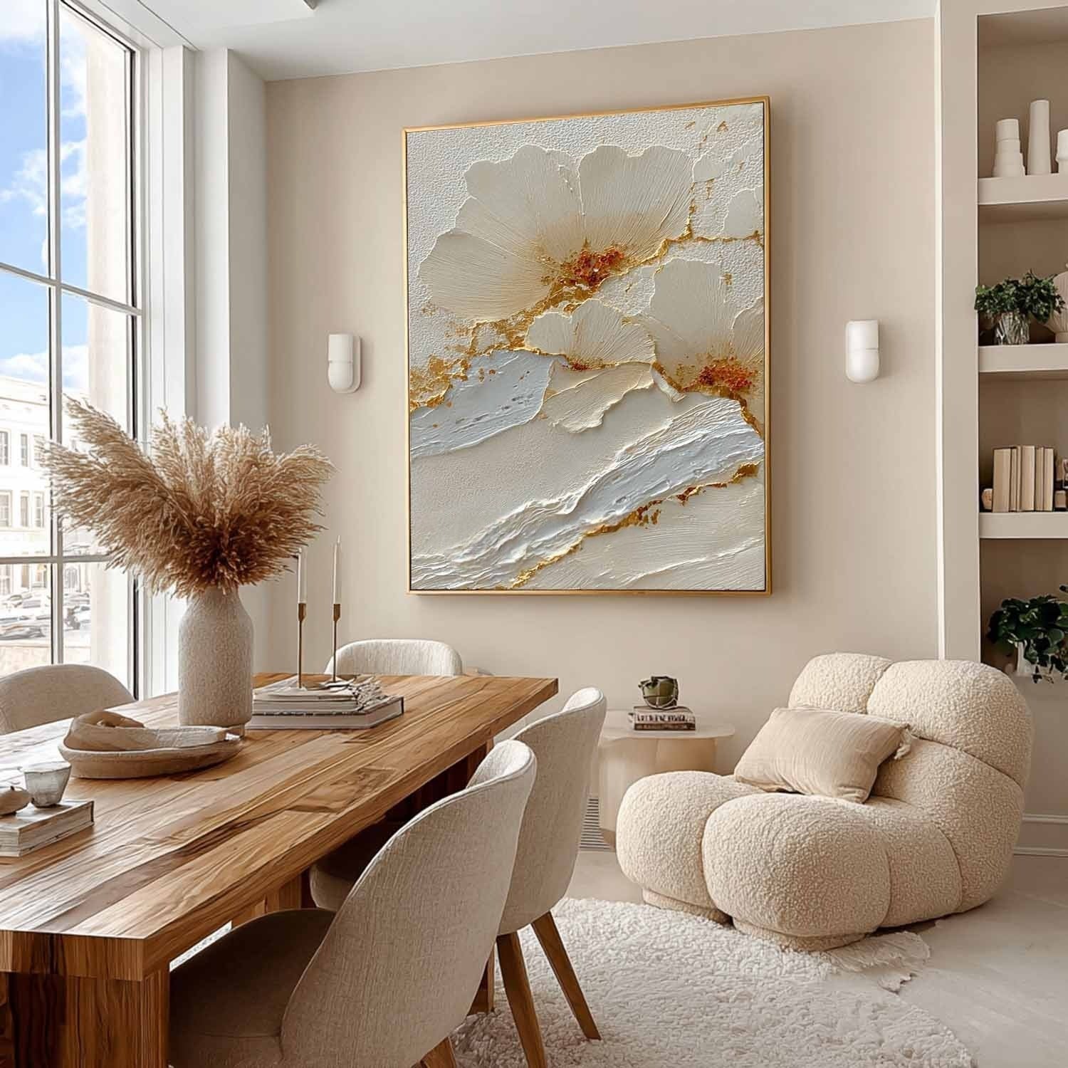 Wall Art Cream Floral Gold Kintsugi Textured
