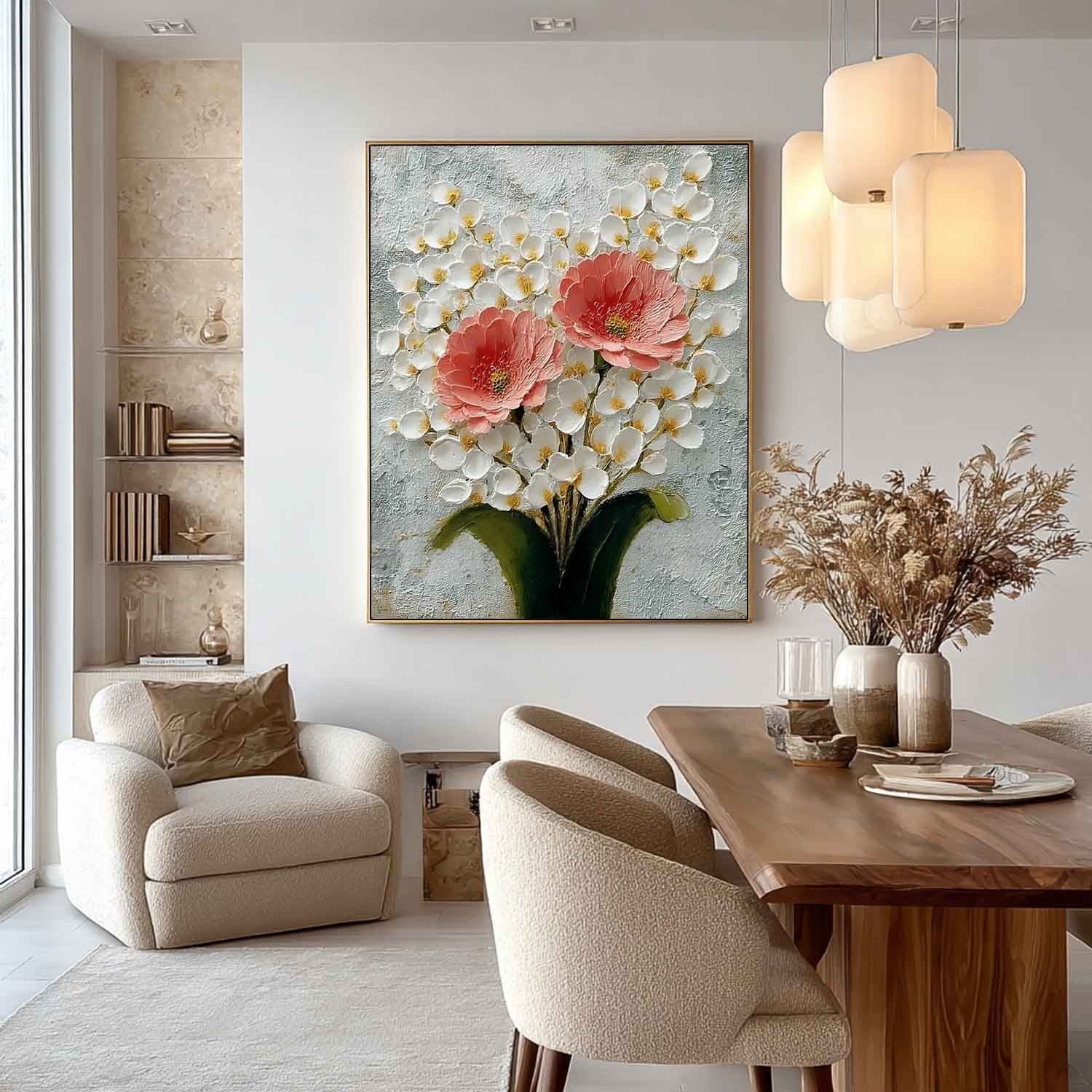 Wall Art Pink Peony White Blossom Floral Painting