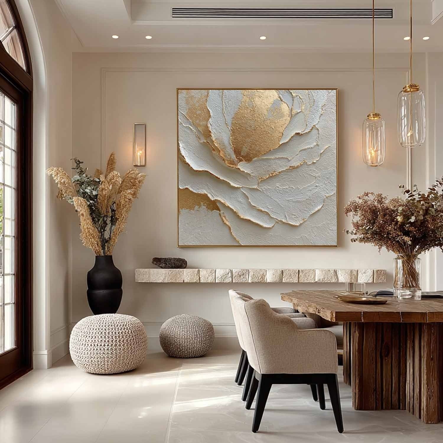 Wall Art White Peony Gold Accent Floral
